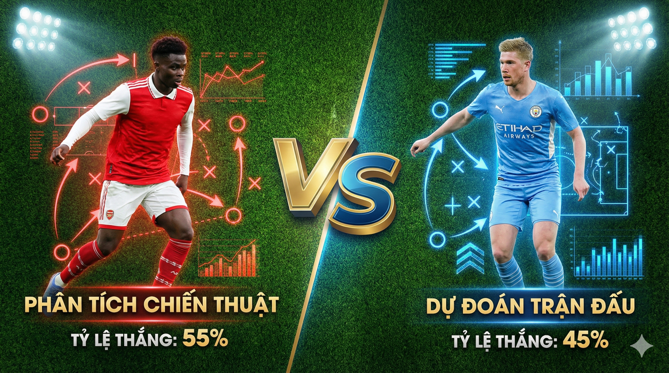 Hình minh họa phân tích chiến thuật và đối đầu bóng đá với thiết kế chia đôi màn hình VS, hiển thị áo đấu đỏ và xanh cùng các biểu đồ dữ liệu phân tích tỷ lệ thắng