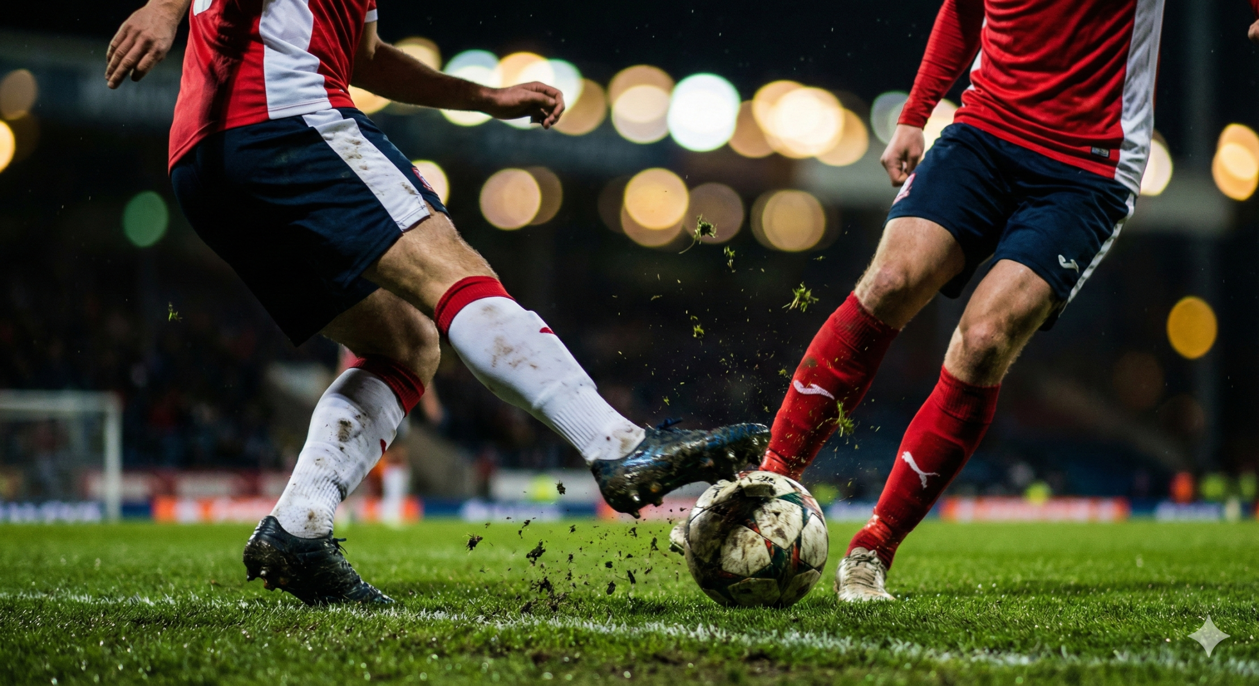 一幅极具动感的足球比赛现场特写图，用于展示比赛的激烈程度。视角贴近草坪，聚焦于两名球员争抢足球的瞬间，捕捉到球鞋踢中球的冲击力和飞溅的草屑。光线处理细腻，体现出夜间比赛的灯光效果和草地的质感。虽然不展示具体球星面部，但球员穿着类似英超球队风格的球衣（如红白与深蓝）。背景虚化处理，呈现出球场灯光的光斑，营造出一种身临其境的沉浸式视觉体验，适合配合文章中的比分预测分析。