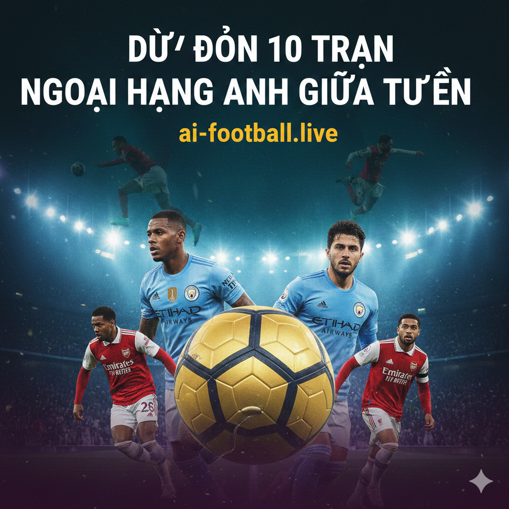 Một chiếc cúp vàng bóng đá hoặc huy hiệu Premier League được đặt ở trung tâm, bao quanh là màu áo đỏ của Arsenal, xanh của Man City và đỏ của Liverpool. Bối cảnh là sân vận động ban đêm với ánh đèn pha sáng rực, tạo không khí kịch tính của các trận đấu giữa tuần.