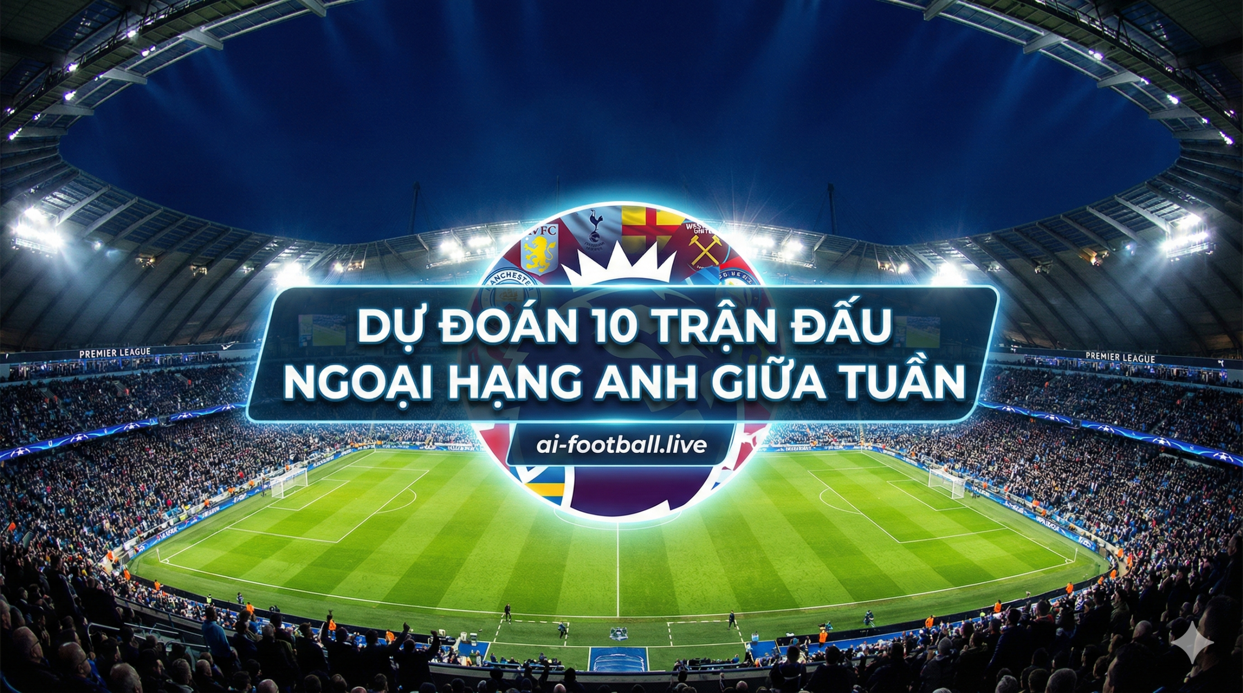 一张宏大且充满电影质感的英超联赛夜场比赛全景图。画面展示了一个灯火通明的现代化足球场，强烈的泛光灯划破夜空，照亮了翠绿的草坪。视角从看台高处俯瞰，可以看到满座的观众席营造出的热烈氛围。画面中央隐约浮现出英超联赛的标志性元素或全联盟球队的混合色调旗帜，象征着周中十场比赛的全面开战。色调以深蓝色的夜空、鲜艳的草地绿和耀眼的灯光白为主，风格写实且震撼，突显顶级联赛的紧张与刺激感，完美契合“全场次预测”的主题。