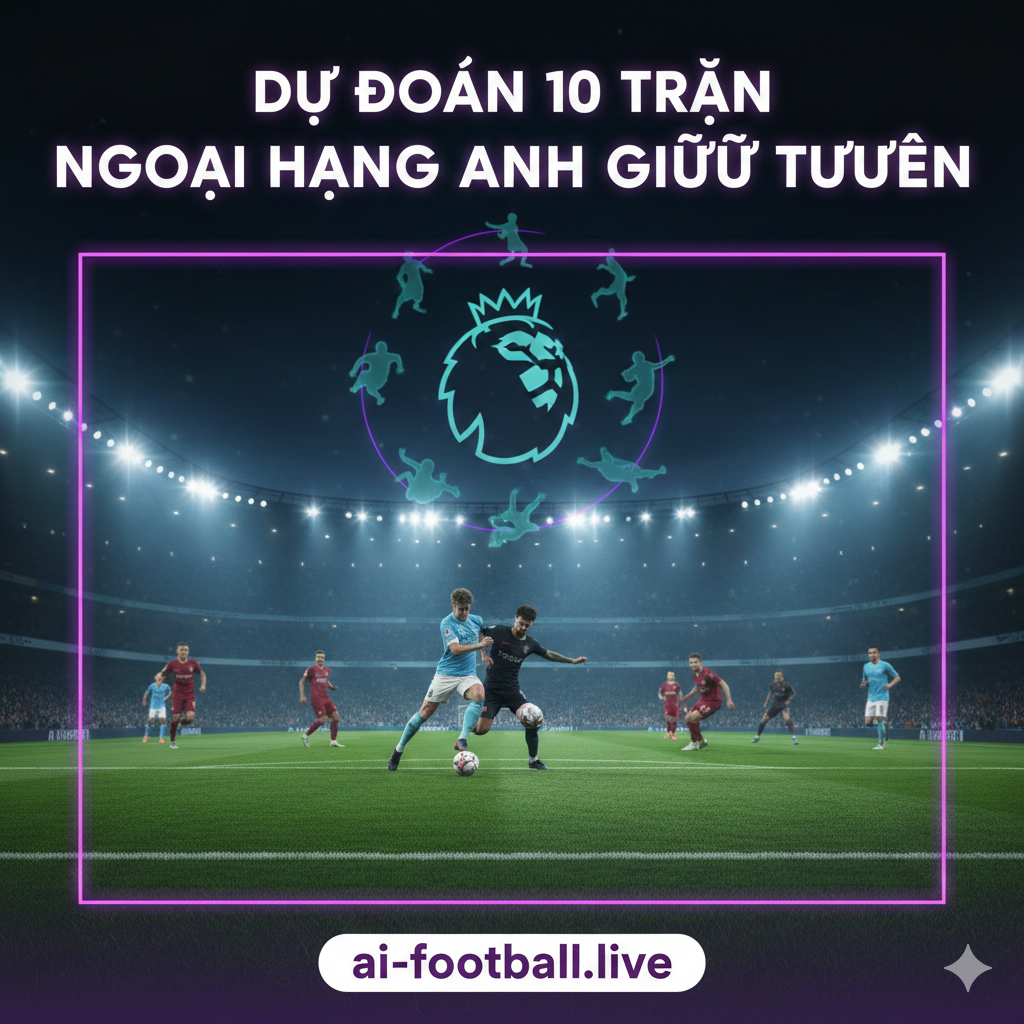 Một hình ảnh minh họa kỹ thuật số chất lượng cao, thể hiện không khí sôi động và kịch tính của bóng đá Ngoại hạng Anh vào giữa tuần. Trung tâm bức ảnh là sân cỏ xanh mướt dưới ánh đèn pha rực rỡ của sân vận động vào ban đêm, tượng trưng cho các trận đấu diễn ra vào buổi tối. Phía trên nền trời tối là logo Premier League được cách điệu nghệ thuật, xung quanh là hình bóng mờ của các cầu thủ đang tranh chấp bóng quyết liệt, đại diện cho sự cạnh tranh gay gắt giữa các đội bóng như Arsenal, Man City và Liverpool. Màu sắc chủ đạo là xanh dương đậm kết hợp với tím neon hiện đại, phù hợp với phong cách công nghệ của trang ai-football.live.