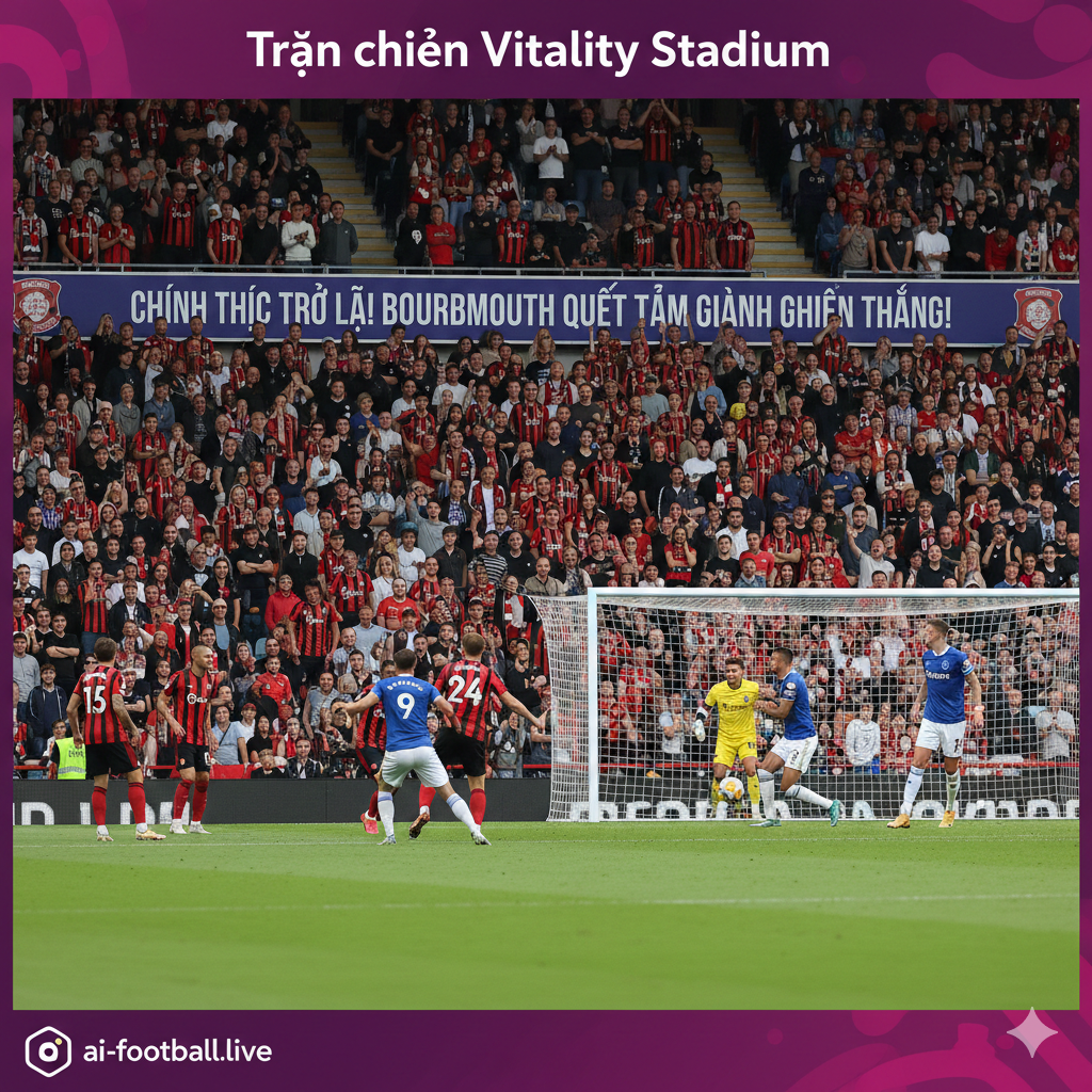 Hình ảnh toàn cảnh sôi động tại sân vận động Vitality (Dean Court), nơi diễn ra cuộc đối đầu kịch tính trong khuôn khổ Premier League giữa Bournemouth và Everton. Trọng tâm của bức ảnh là các cầu thủ Bournemouth trong trang phục áo sọc đỏ đen truyền thống đang thực hiện một pha tấn công dũng mãnh hoặc tranh chấp bóng quyết liệt với các cầu thủ Everton trong màu áo xanh. Bối cảnh xung quanh là khán đài chật kín người hâm mộ đang hò reo cổ vũ, tạo nên bầu không khí rực lửa, thể hiện quyết tâm tìm lại mạch chiến thắng của đội chủ nhà 'The Cherries'.