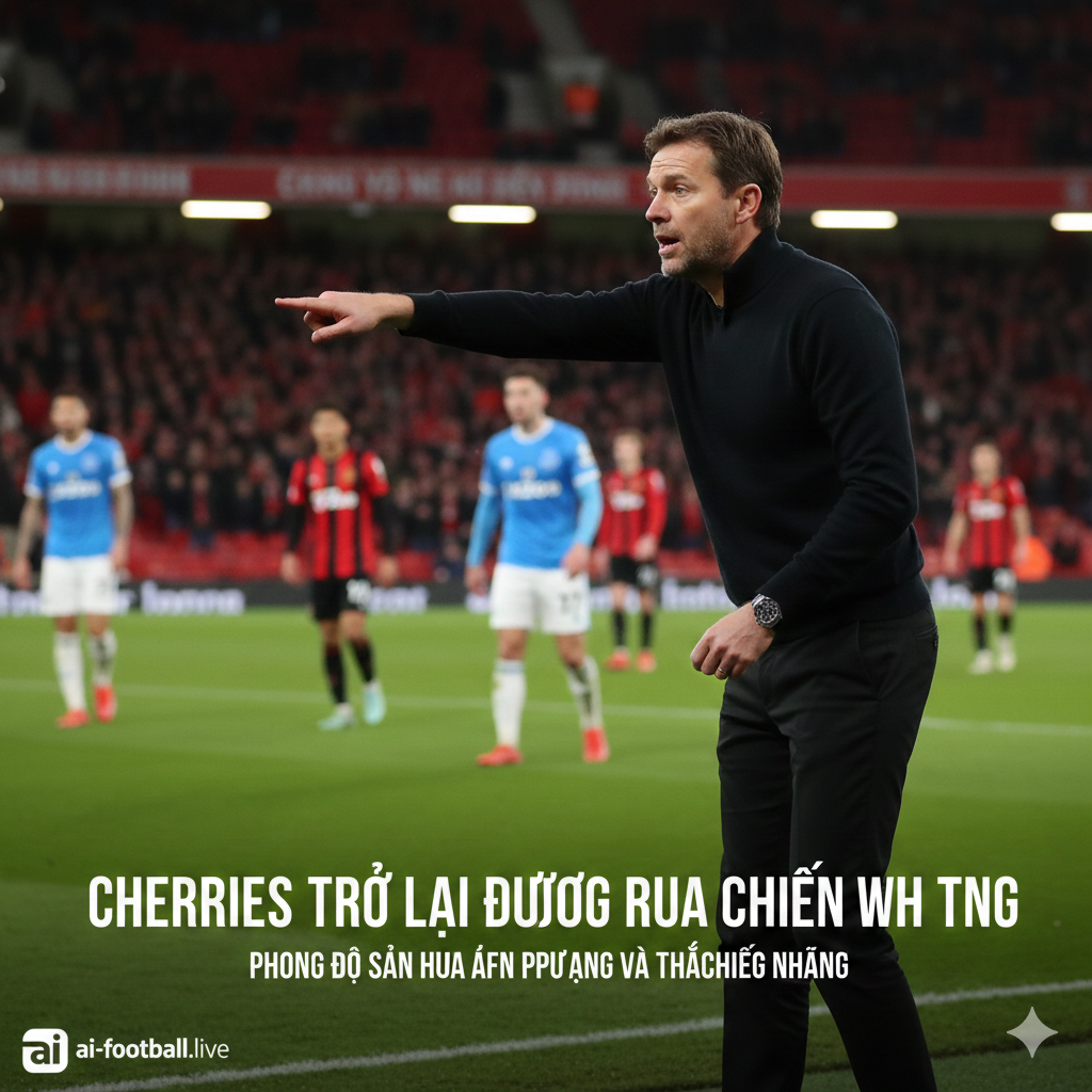 Hình ảnh cận cảnh huấn luyện viên Andoni Iraola của Bournemouth đang đứng bên đường biên với vẻ mặt tập trung cao độ, đưa ra chỉ đạo chiến thuật cho các học trò trên sân. Hoặc hình ảnh các cầu thủ Bournemouth đang ăn mừng bàn thắng để thể hiện sự tự tin trên sân nhà. Bức ảnh cần làm nổi bật sự căng thẳng và tính chất quan trọng của trận đấu, minh họa cho phần phân tích về phong độ sân nhà ấn tượng của Bournemouth cũng như những thách thức về mặt nhân sự mà họ đang phải đối mặt, đối lập với sự khó khăn của Everton khi phải làm khách.