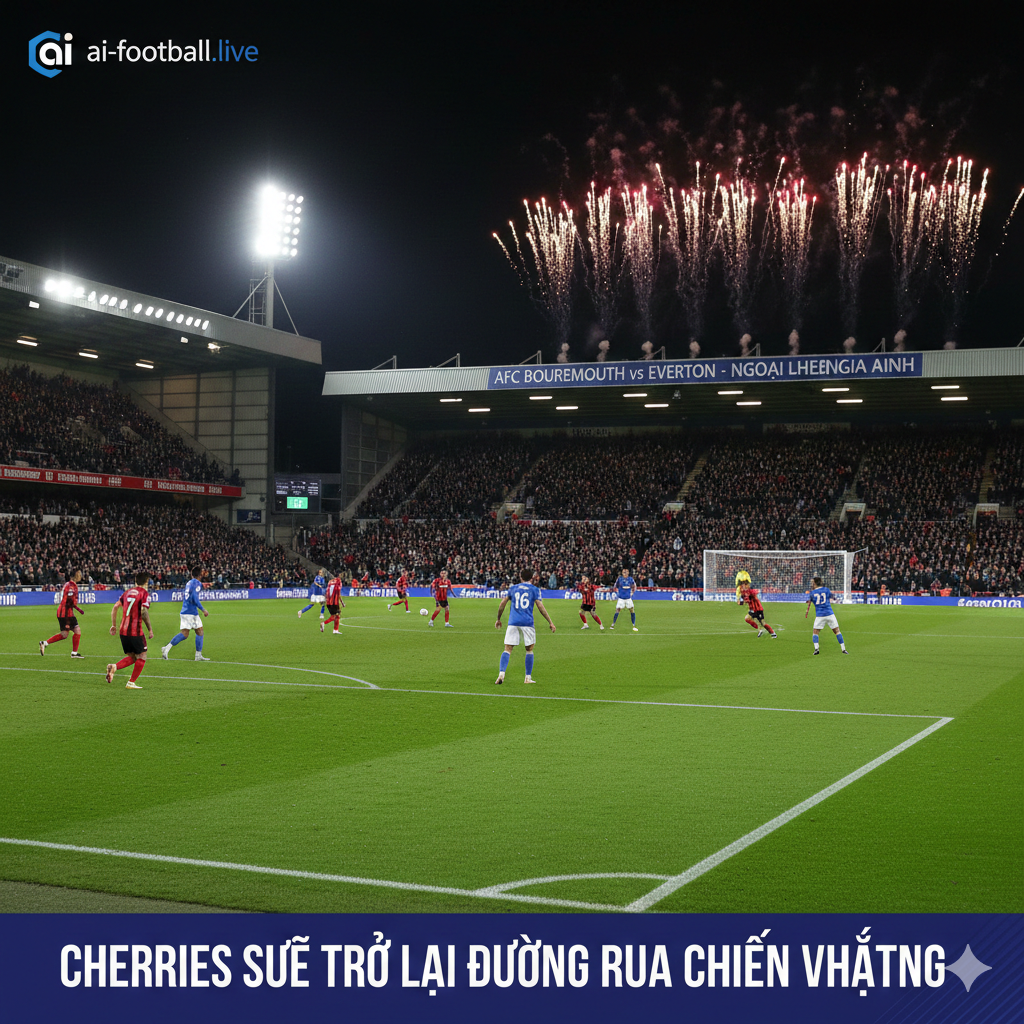 Hình ảnh toàn cảnh sân vận động Vitality rực lửa trong khuôn khổ giải Ngoại hạng Anh, nơi diễn ra cuộc đối đầu kịch tính giữa AFC Bournemouth và Everton. Các cầu thủ chủ nhà Bournemouth trong trang phục áo sọc đỏ đen truyền thống đang nỗ lực tấn công về phía khung thành đối phương, thể hiện sự quyết tâm cao độ để giành chiến thắng. Phía bên kia, các cầu thủ Everton trong màu áo xanh đang tập trung phòng ngự chặt chẽ. Khán đài chật kín người hâm mộ đang hò reo cổ vũ cuồng nhiệt dưới ánh đèn pha sáng rực, tạo nên bầu không khí bóng đá sôi động và đầy cảm xúc.