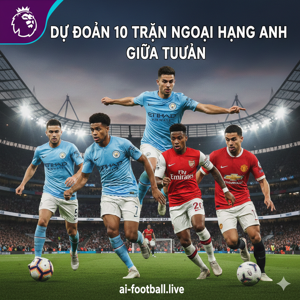 Hình ảnh tổng hợp đầy ấn tượng về giải Ngoại Hạng Anh, nôi bật với các ngôi sao hàng đầu từ Manchester City, Arsenal và Manchester United đang trong tư thế thi đấu quyết liệt. Phía sau là khung cảnh sân vận động rực rỡ ánh đèn pha vào buổi tối, thể hiện không khí sôi động của loạt trận giữa tuần. Logo Premier League được cách điệu ở góc ảnh cùng tông màu tím xanh đặc trưng, gợi lên sự kịch tính và mong chờ cho người hâm mộ trước thềm vòng đấu.