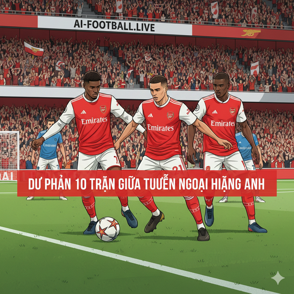 Cảnh tượng các cầu thủ Arsenal trong trang phục thi đấu màu đỏ trắng truyền thống đang tổ chức tấn công mạnh mẽ trên sân cỏ xanh mướt. Hình ảnh tập trung vào sự quyết tâm của các cầu thủ Pháo thủ nhằm giữ vững ngôi đầu bảng, với hậu cảnh là khán đài chật kín cổ động viên đang hò reo cuồng nhiệt. Bức ảnh này được đặt ở giữa bài viết để minh họa cho sức mạnh của đội dẫn đầu và phân tách các đoạn dự đoán tỷ số, giúp người đọc dễ dàng theo dõi hơn.