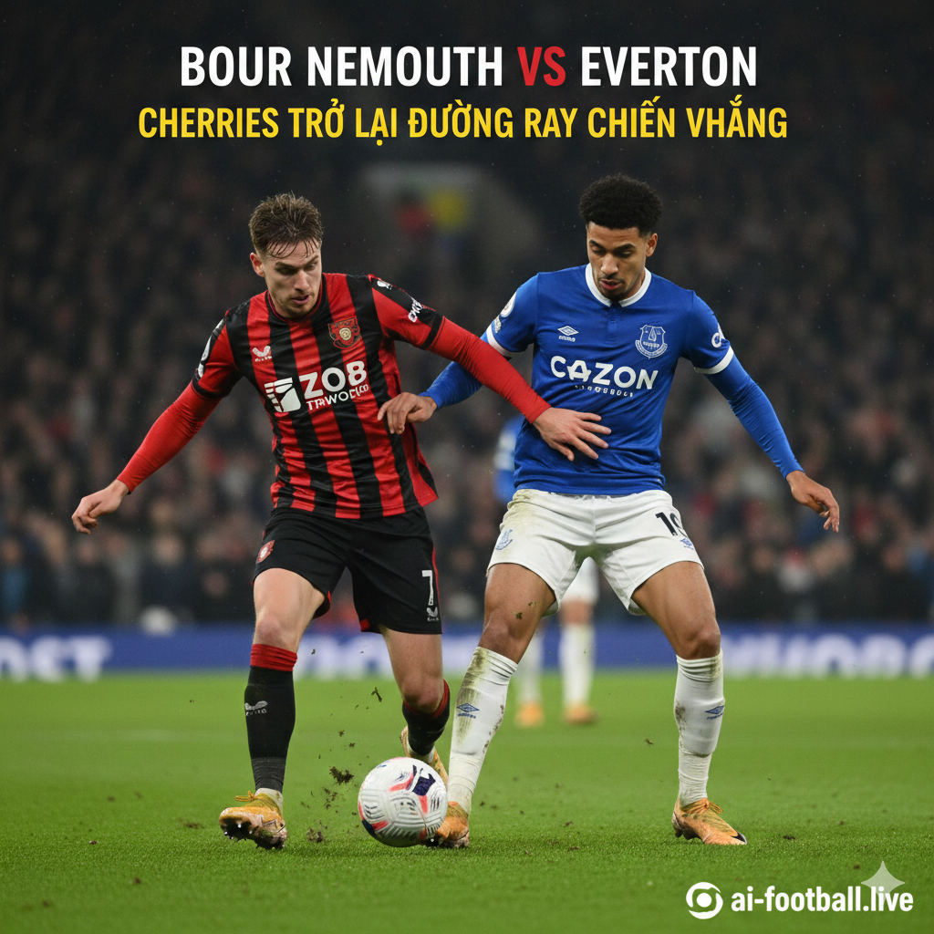 Ảnh bìa nổi bật mô tả khoảnh khắc đối đầu căng thẳng giữa một cầu thủ Bournemouth (mặc áo đỏ-đen) và một cầu thủ Everton (mặc áo xanh dương truyền thống) trên sân cỏ Vitality. Hình ảnh nên tập trung vào hành động tranh chấp bóng tốc độ cao, thể hiện sự quyết tâm của cả hai đội trong trận đấu sắp tới. Phông nền mờ ảo hoặc có hiệu ứng ánh sáng sân vận động để tăng tính kịch tính, nhấn mạnh vào việc 'The Cherries' quyết tâm giành lại chiến thắng sau chuỗi trận thất vọng.