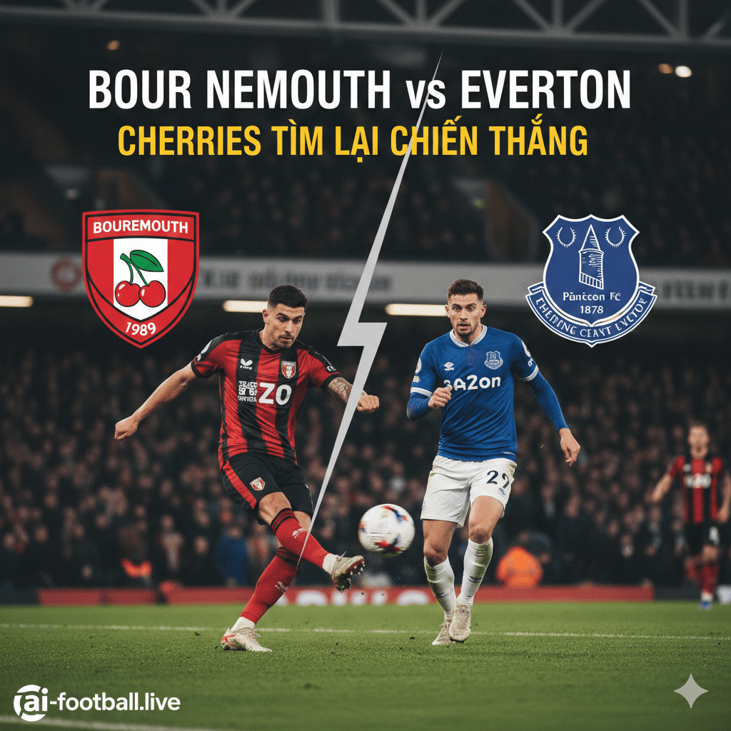 Ảnh ghép động lực mô tả trận đấu sắp tới giữa Bournemouth (The Cherries) và Everton. Hình ảnh nên có logo hoặc huy hiệu của cả hai câu lạc bộ (AFC Bournemouth và Everton FC) ở hai bên, được chia cắt bởi một dải màu trung tính. Ở trung tâm, một hành động bóng đá năng động, chẳng hạn như một cầu thủ Bournemouth đang ăn mừng bàn thắng hoặc một cảnh tranh chấp bóng quyết liệt giữa hai đội. Sử dụng màu sắc chủ đạo của Bournemouth (đỏ và đen) và Everton (xanh lam) để tạo sự tương phản. Phông nền mờ có thể là sân vận động Vitality hoặc một hiệu ứng sân cỏ xanh, với tiêu đề 'Bournemouth vs Everton' hoặc 'Cherries tìm lại chiến thắng' được phủ lên trên để tăng tính nhận diện và thu hút sự chú ý. Hình ảnh phải truyền tải sự khao khát chiến thắng của Bournemouth.