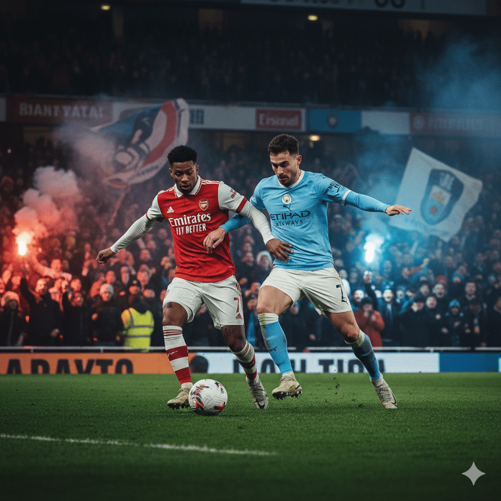 Một bức tranh kỹ thuật số chất lượng cao mô tả sự căng thẳng và kịch tính của giải Ngoại hạng Anh, với hình ảnh các cầu thủ ngôi sao của Arsenal và Manchester City đang tranh chấp bóng quyết liệt trên sân cỏ. Ánh đèn sân vận động chiếu sáng rực rỡ tạo nên hiệu ứng điện ảnh, làm nổi bật sự quyết tâm trên khuôn mặt các cầu thủ. Nền ảnh là đám đông cổ động viên cuồng nhiệt đang vẫy cờ và hò reo trên khán đài chật kín người. Hình ảnh này tóm tắt hoàn hảo không khí sôi động của các trận đấu giữa tuần và cuộc đua danh hiệu đang diễn ra, rất thích hợp làm ảnh bìa để thu hút người đọc ngay từ cái nhìn đầu tiên.