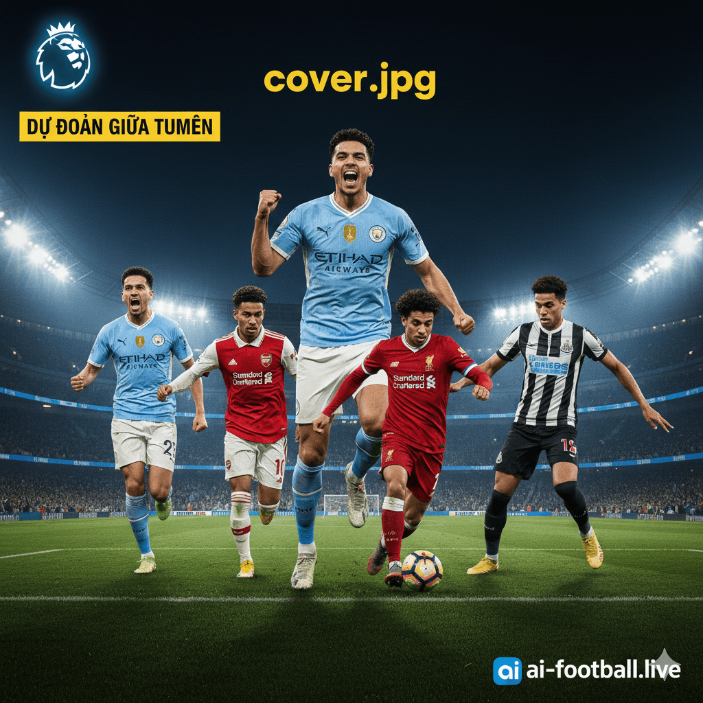 Hình ảnh bìa động lực và hấp dẫn cho bài viết dự đoán 10 trận đấu giữa tuần của Giải Ngoại hạng Anh. Bức ảnh nên là một sự kết hợp nghệ thuật, tập trung vào bốn hoặc năm cầu thủ chủ chốt của các đội bóng lớn như Man City, Arsenal, Liverpool, và Newcastle, tất cả đang hành động hoặc ăn mừng dưới ánh đèn pha rực rỡ của sân vận động vào ban đêm, tượng trưng cho lịch thi đấu giữa tuần. Cần có yếu tố đồ họa thể hiện logo Premier League và một dải băng tiêu đề nhỏ gợi ý về 'Dự đoán', truyền tải không khí kịch tính và sự cạnh tranh khốc liệt của vòng đấu này. Ảnh nên có tông màu xanh đậm/vàng để tạo cảm giác ban đêm và nổi bật.