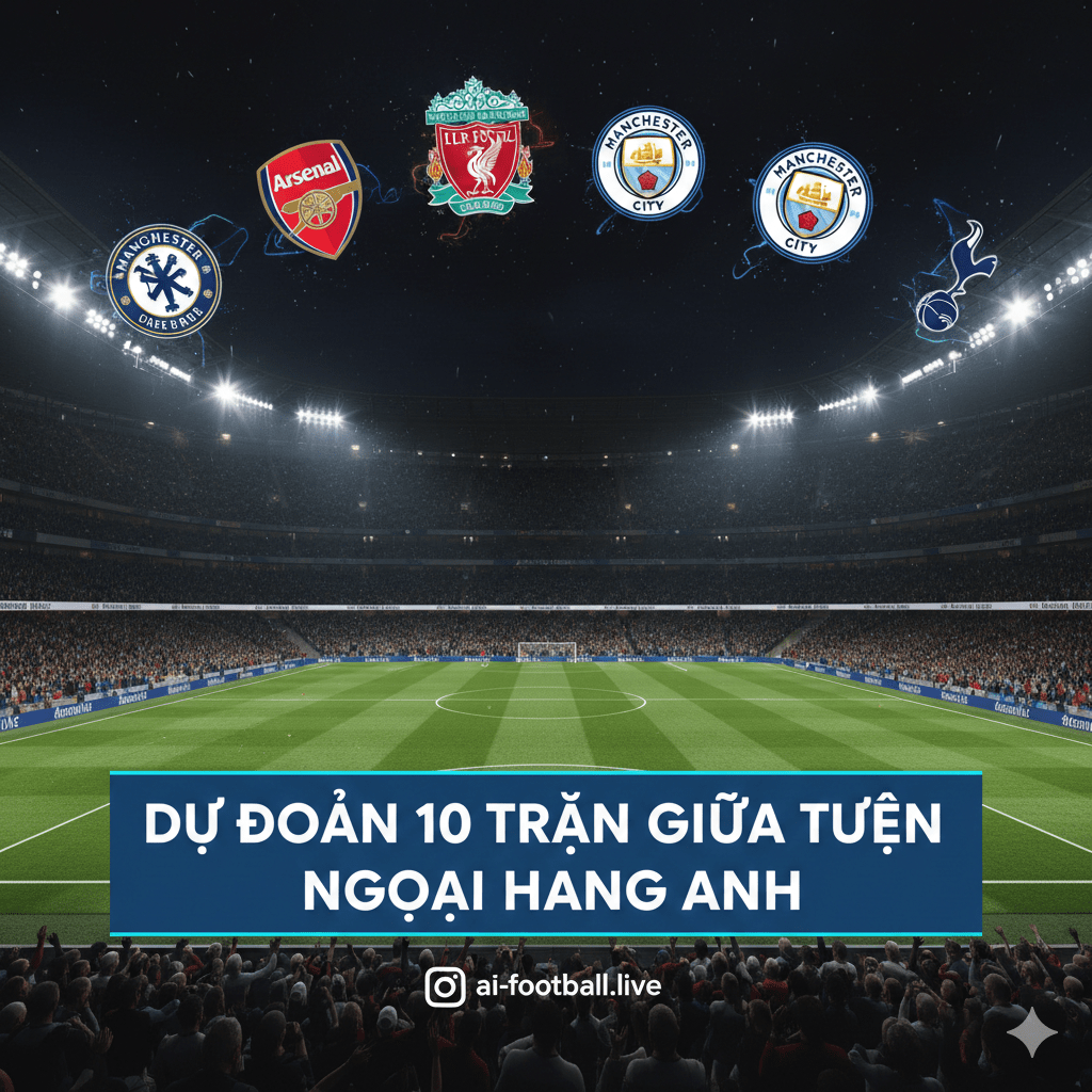 Hình ảnh tổng hợp sống động, tập trung vào logo chính thức của 10 đội bóng hàng đầu tham gia các trận đấu giữa tuần của Premier League, bao gồm Arsenal, Manchester City, Liverpool, và Tottenham. Hình nền nên là một sân vận động Premier League đầy ắp khán giả vào buổi tối, với ánh đèn pha chiếu sáng, tạo cảm giác về một lịch thi đấu dày đặc và căng thẳng. Thiết kế cần có một chút hiệu ứng động lực, nhấn mạnh sự cạnh tranh và kịch tính của các trận cầu giữa tuần, phù hợp với tiêu đề dự đoán.