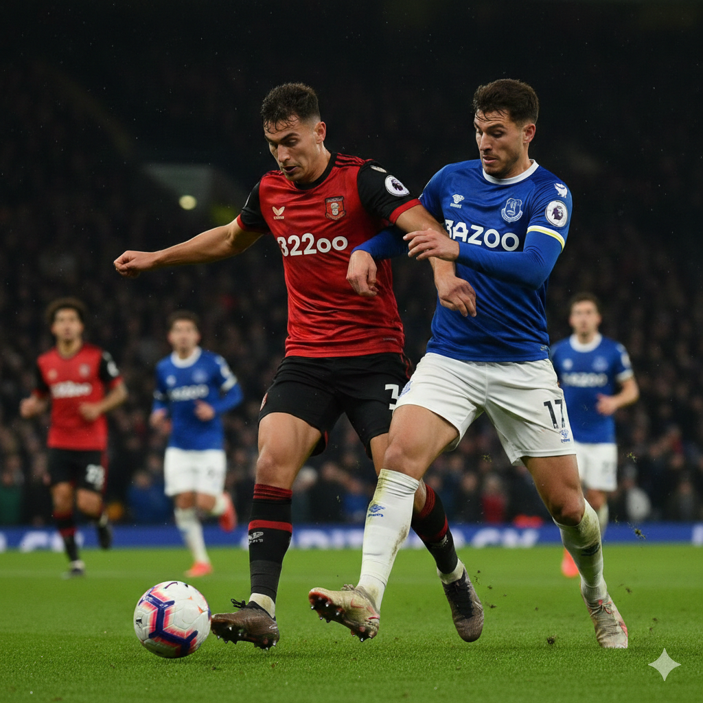 Cận cảnh một pha bóng tấn công tốc độ của cầu thủ Bournemouth trước hàng phòng ngự của Everton. Cầu thủ đội chủ nhà đang dốc bóng về phía khung thành đối phương với nỗ lực ghi bàn, phản ánh nhận định về sức mạnh tấn công của The Cherries trong trận đấu này. Bối cảnh sân cỏ xanh mướt và ánh đèn pha chiếu rọi tạo nên không khí căng thẳng và hấp dẫn. Hình ảnh này nhằm minh họa cho phần dự đoán trận đấu có nhiều bàn thắng và lợi thế nghiêng về phía đội chủ nhà Bournemouth sau chuỗi trận không như ý.