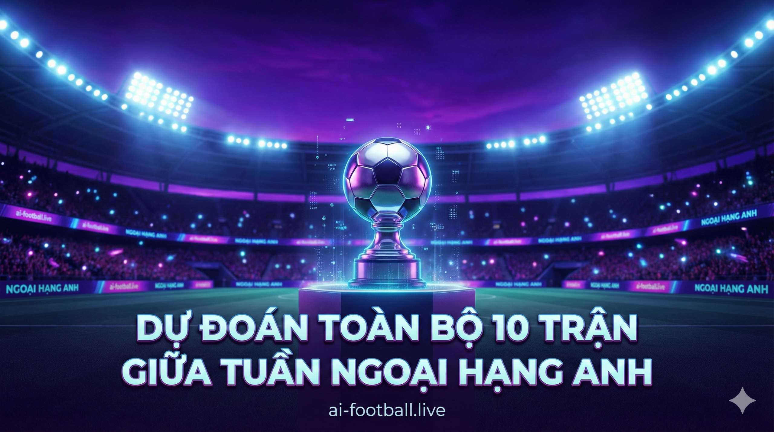 A high-quality, cinematic wide shot of a modern Premier League football stadium at night, fully illuminated by bright floodlights to symbolize the midweek fixtures. The pitch is pristine green, and in the foreground, a sleek, 3D metallic rendering of a generic football trophy stands prominently. The background features a vibrant atmosphere with blurred crowd lights in deep purple and neon branding colors associated with the Premier League. A subtle digital overlay effect with data particles floats in the air, aligning with the 'ai-football' tech theme. The composition is centered and symmetrical, conveying authority and anticipation for the upcoming 10 matches.