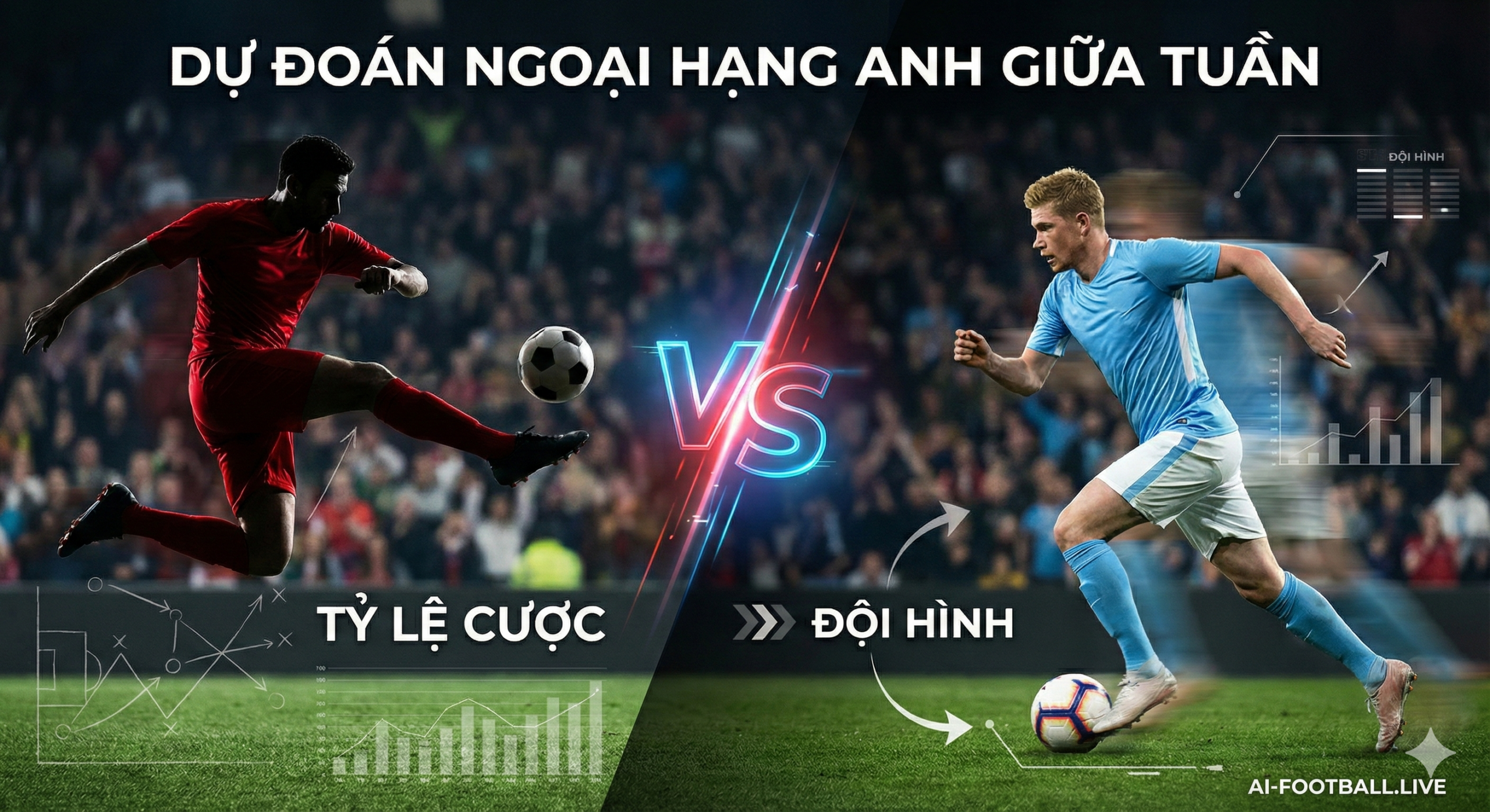 A dynamic, split-screen style action composition representing the intensity of the midweek games. On the left, a player silhouette in a red kit (representing Arsenal) is capturing mid-strike, while on the right, a player in sky blue (representing Man City) is sprinting with the ball. A stylized, glowing 'VS' graphic sits in the center with a futuristic font. The background is a motion-blurred stadium crowd with digital hud elements and tactical lines overlaid on the grass, emphasizing the analytical nature of the article. The lighting is high-contrast with dramatic shadows and rim lighting to highlight the players' forms.