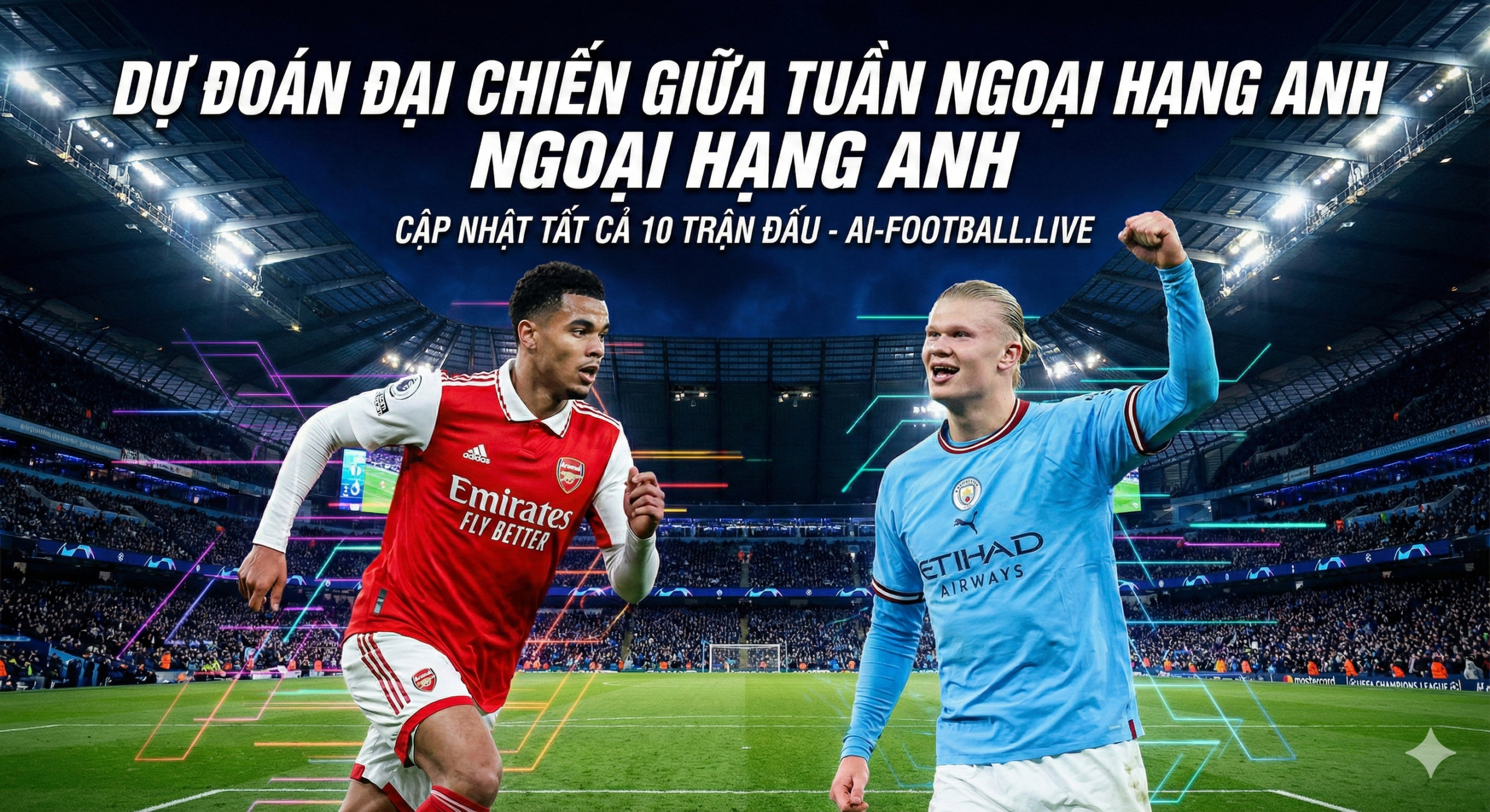 一张充满张力的英超联赛周中比赛预览封面图。画面采用动态分割构图，左侧展示身穿红色球衣的阿森纳球员正在高速奔跑，右侧展示身穿天蓝色球衣的曼城球员正在庆祝，象征着激烈的榜首争夺战。背景是灯火通明的夜晚大型足球场，泛光灯照射出戏剧性的光影效果，突显'周中夜赛'的主题。视觉风格融合了高清写实体育摄影与现代科技感，画面边缘带有微弱的霓虹色数据流线条元素，呼应ai-football站点的智能分析属性。色彩以鲜艳的红色、天蓝色和草地的翠绿色为主，氛围紧张且充满活力。