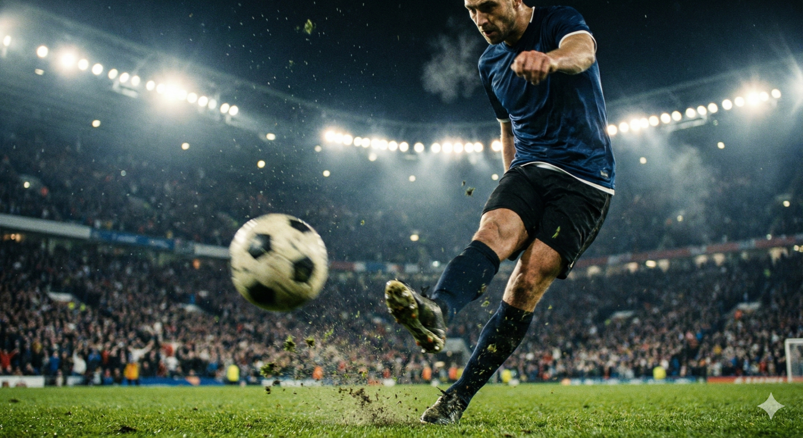 描绘英超周中夜场比赛激烈对抗的现场动作特写。视角采用低角度仰拍，焦点集中在一名前锋球员起脚射门的瞬间，足球受力变形，草皮和泥土飞溅在空中，极具动感。背景是虚化的观众席和耀眼的球场灯光，营造出周中夜赛特有的喧闹与热烈氛围。画面色彩对比强烈，深邃的夜空与明亮的球场泛光灯形成反差，突显比赛的快节奏和关键时刻。风格写实且具有电影质感，适合穿插在文章中间的比赛预测列表中，缓解阅读疲劳。