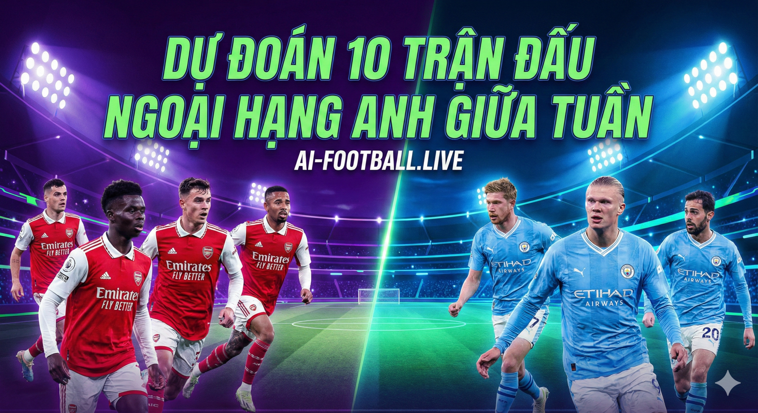 A dynamic and high-energy digital illustration serving as the cover for Premier League match predictions. The composition features a split-screen effect or montage showing key players from top contenders like Arsenal (in red) and Manchester City (in sky blue) in intense action poses. The background depicts a glowing football stadium at night under bright floodlights, symbolizing the midweek schedule. The color palette incorporates the signature Premier League branding with deep purples, neon greens, and stark lighting contrasts to emphasize the tension and excitement of the title race. The style is professional sports broadcasting quality.