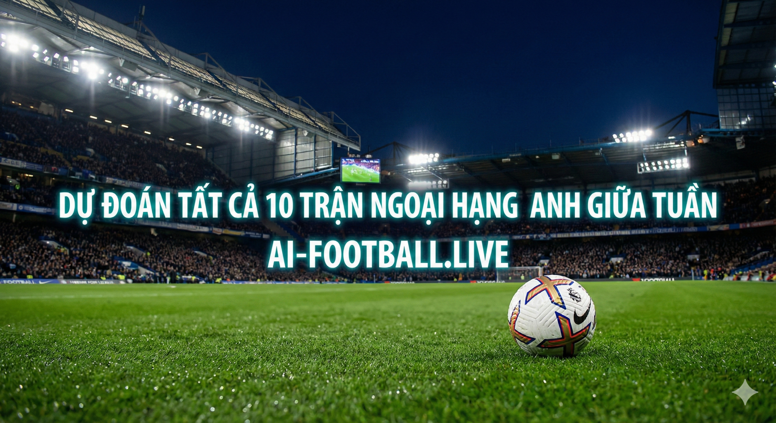 这是一张极具视觉冲击力的英超联赛夜间比赛全景图，旨在表现周中赛事的紧张与宏大。画面展示了一个被泛光灯照得如同白昼的现代化足球场，看台上座无虚席，模糊的球迷身影营造出热烈的比赛氛围。前景清晰展示着翠绿的草皮和一只英超风格的足球，草叶上的水珠在灯光下闪烁。整体色调以球场的绿色和夜空的深蓝色为主，光影对比强烈，风格写实且具有高端体育摄影的质感，完美契合英超预测文章的主题。