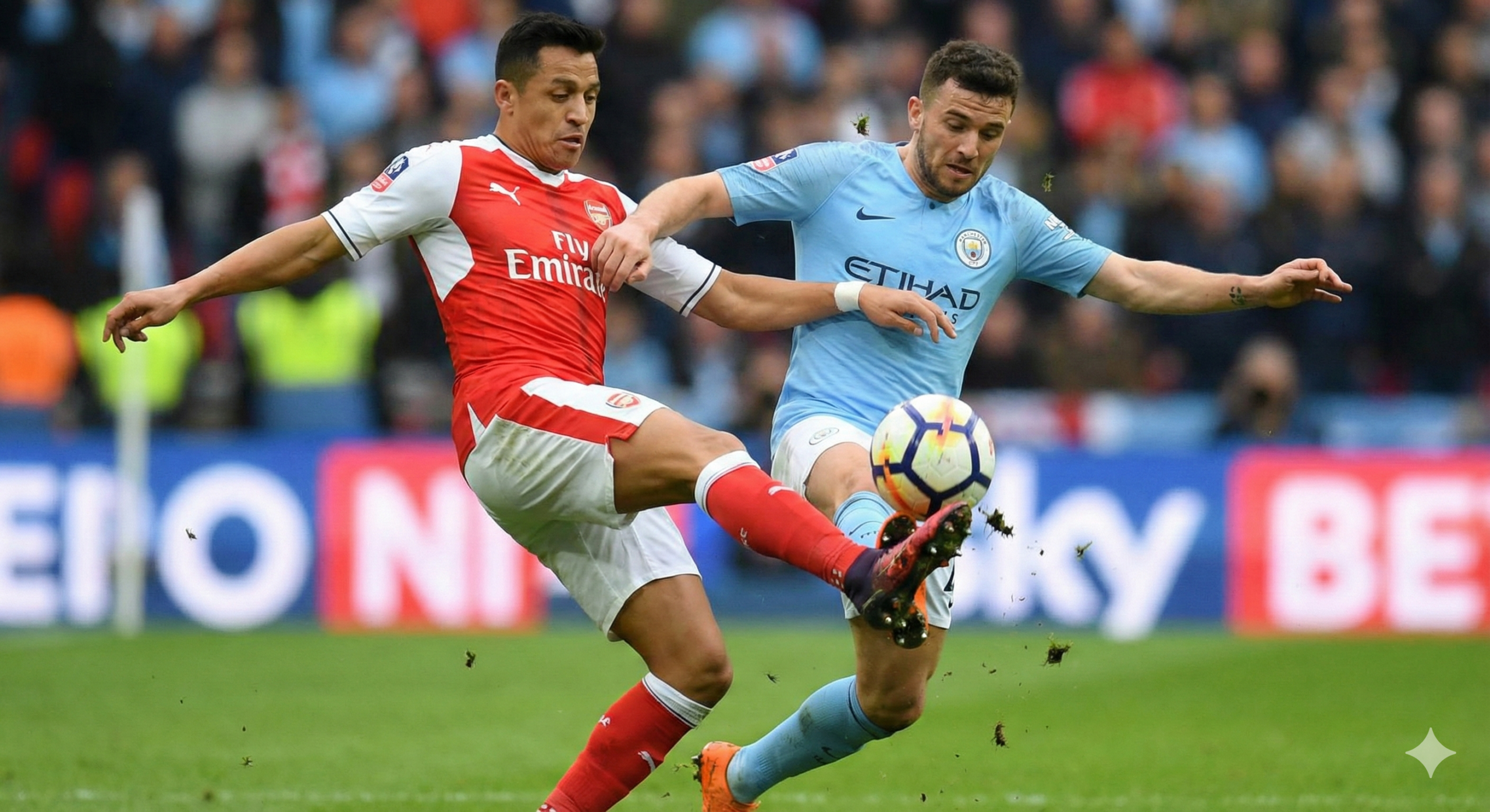 这是一张捕捉足球比赛激烈瞬间的特写摄影图。画面聚焦于两名正在争抢控球权的足球运动员，一人身穿代表阿森纳的红白球衣，另一人身穿代表曼城的浅蓝色球衣，隐喻文章中提到的榜首争夺战。镜头定格在两人腿部接触皮球的刹那，草屑和泥土飞溅在空中，展现出极强的速度感和力量感。背景刻意虚化处理，只保留模糊的广告牌和观众色彩，确保视觉重心完全集中在激烈的竞技对抗上，色彩鲜艳，细节锐利。