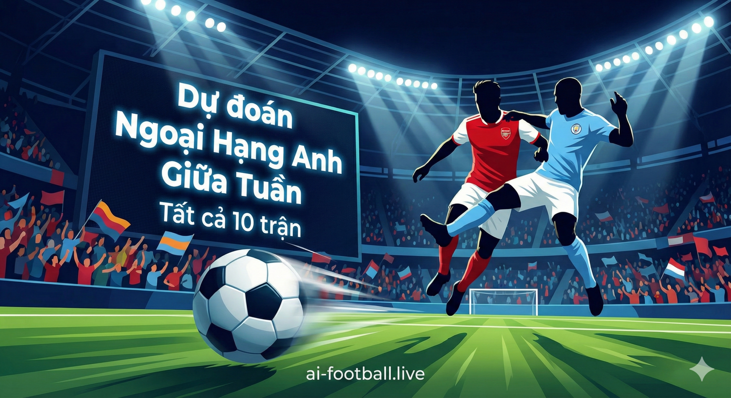 一张充满活力和紧张氛围的英超联赛足球主题插画，用于文章封面。画面描绘了一个灯火通明的足球场夜景，泛光灯照亮了翠绿的草坪。前景是一只高速运动中的足球，带有动态模糊效果，背景中可以看到穿着红色球衣（代表阿森纳）和浅蓝色球衣（代表曼城）的球员剪影正在激烈争抢，象征着积分榜前列的竞争。看台上挤满了挥舞旗帜的球迷，色彩鲜艳，光影对比强烈，突出了周中比赛日的激情与戏剧性。风格写实且具有现代体育海报的质感。