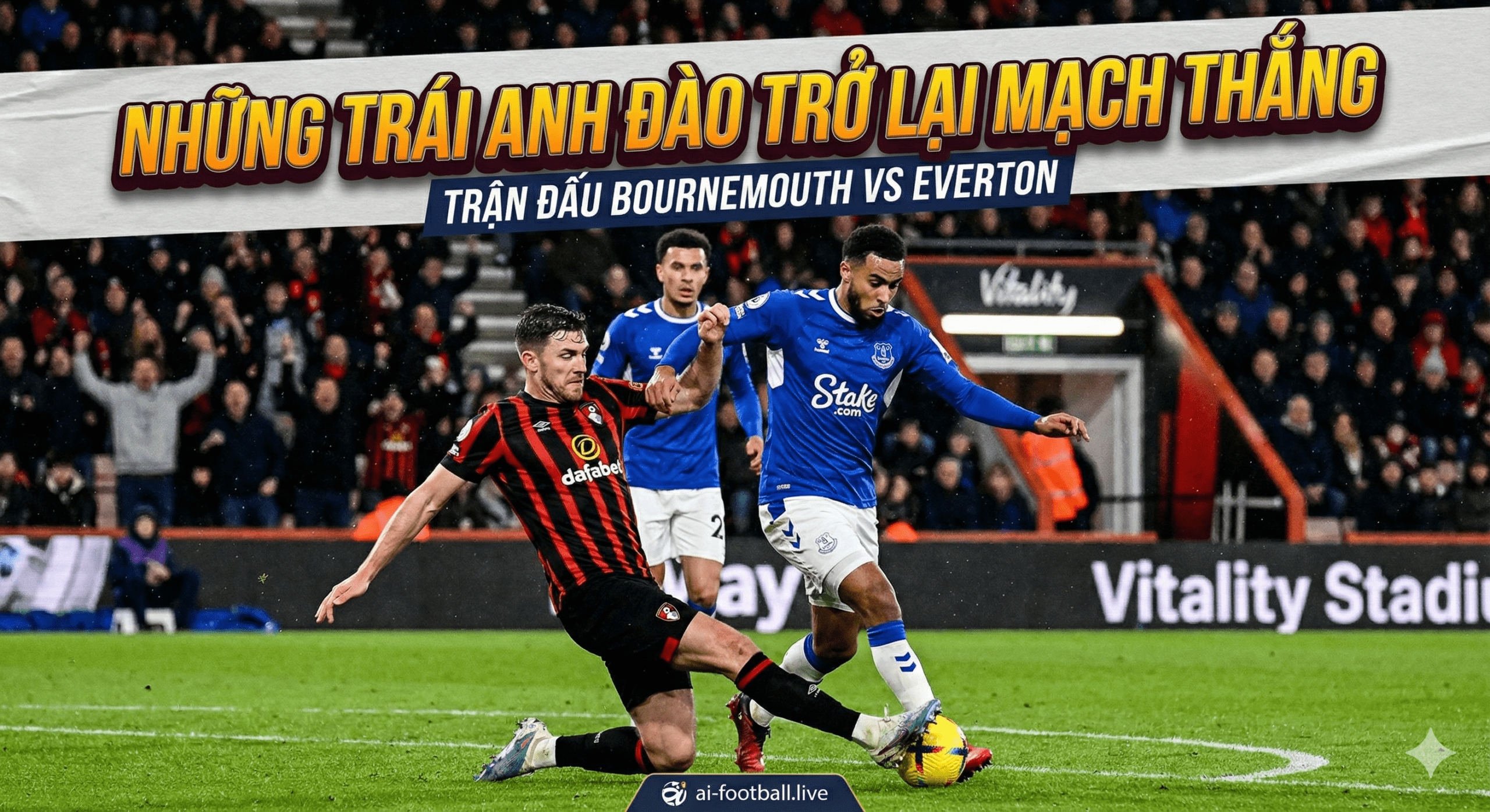 一张极具张力的高清体育摄影风格图片，描绘了英超联赛伯恩茅斯（Bournemouth）主场对阵埃弗顿（Everton）的场景。画面焦点位于球场中央，身穿标志性红黑条纹球衣的伯恩茅斯球员正在激烈争抢球权，试图突破身穿蓝色球衣的埃弗顿球员的防守。背景是活力球场（Vitality Stadium）的看台，夜间比赛灯光璀璨，观众席模糊处理以突出前景的动态瞬间。整体色调以草地的鲜绿、伯恩茅斯的红黑以及埃弗顿的深蓝为主，光影对比强烈，营造出比赛激烈对抗的紧张氛围，完美契合‘重返胜轨’的文章主题。