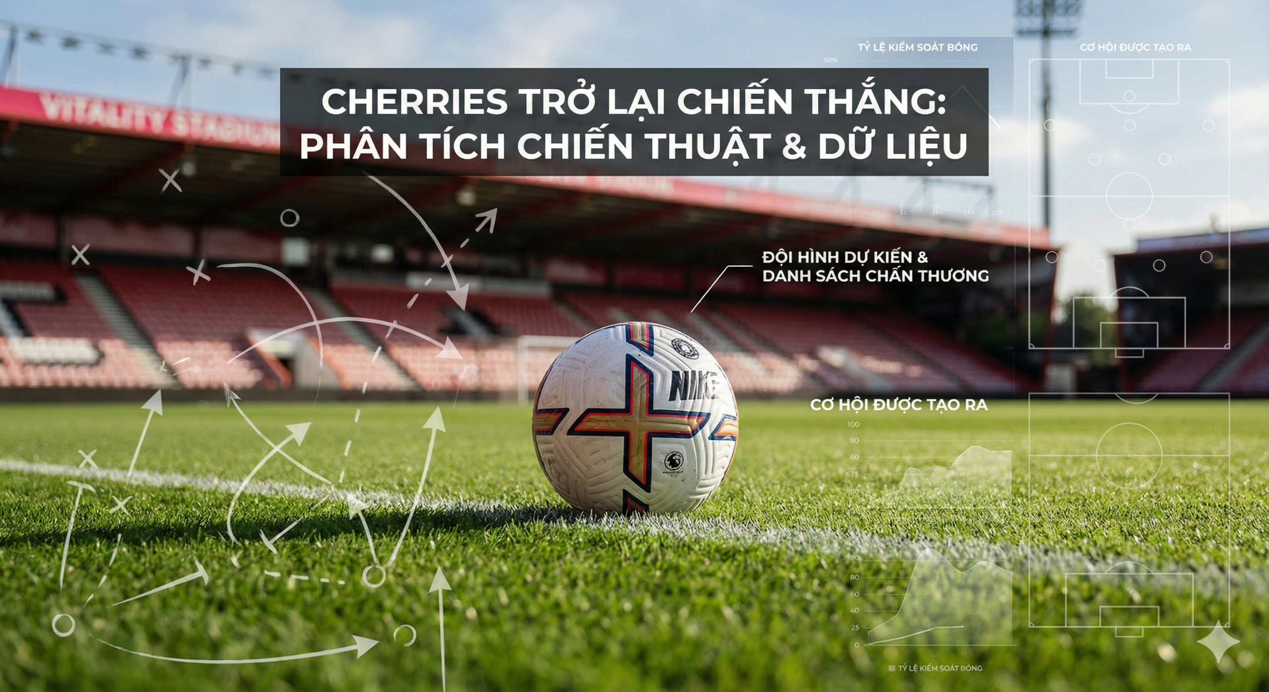 这是一张用于文章内部的配图，旨在配合伤病名单和战术分析部分。画面采用低角度特写拍摄活力球场（Vitality Stadium）原本翠绿的草皮，前景是一个静止的足球，背景是焦外模糊的红色体育场看台。为了体现“分析”的主题，画面上微妙地叠加了极简风格的战术板线条或半透明的数据图表元素。光线自然且富有质感，色彩以草地的深绿色和看台的樱桃红为主，营造出一种专业、冷静且深度的足球数据分析视觉风格，符合ai-football.live的站点调性。