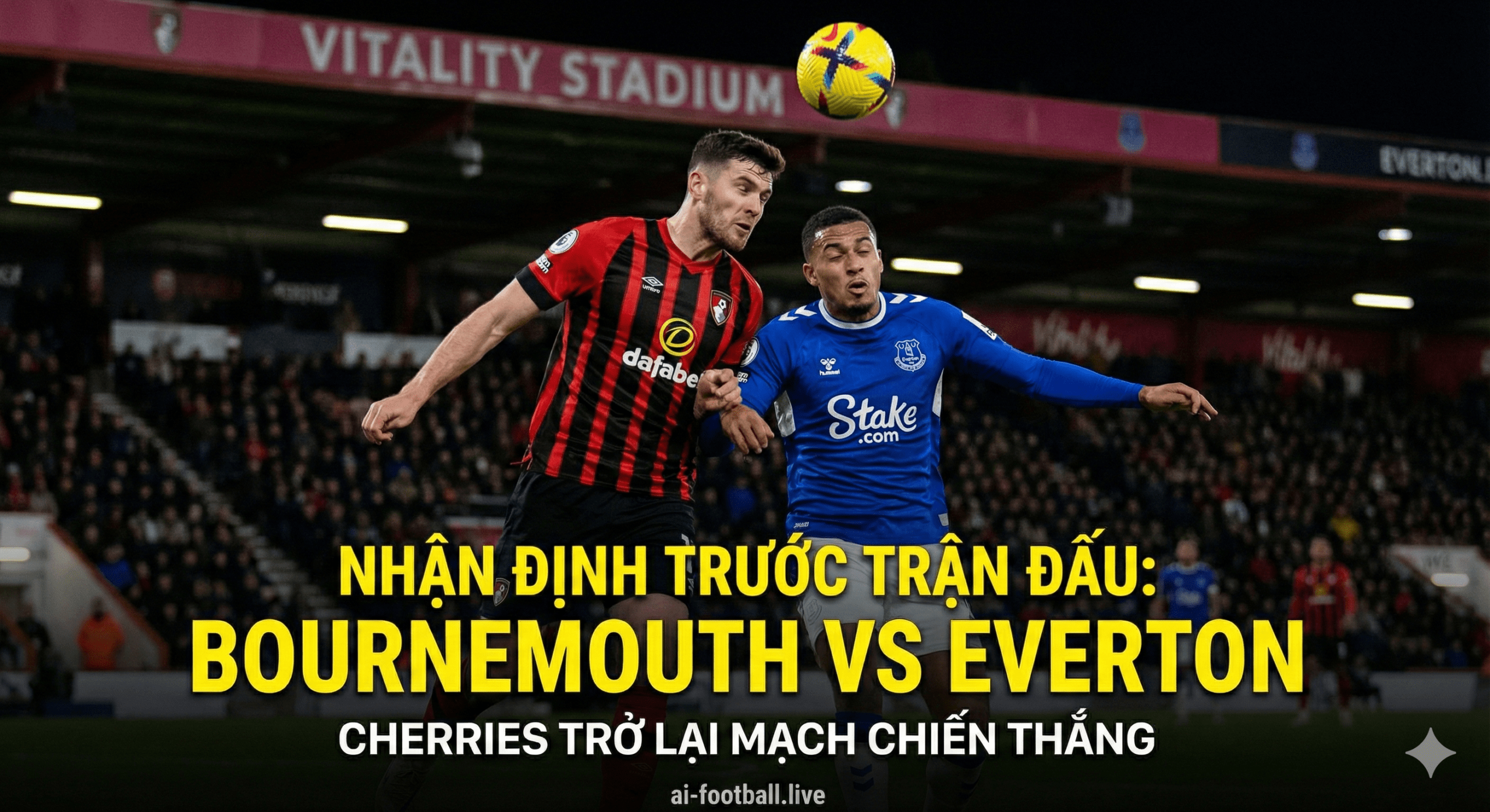 A high-intensity, cinematic illustration of a Premier League football match between Bournemouth and Everton at Vitality Stadium. The image features a dynamic composition with a player in a red and black striped kit (Bournemouth) contesting a ball against a player in a royal blue kit (Everton). The background shows the illuminated stadium stands under night floodlights, creating a dramatic atmosphere suitable for a Tuesday night fixture. The style is hyper-realistic sports photography with high contrast and vibrant colors to reflect the determination of both teams.