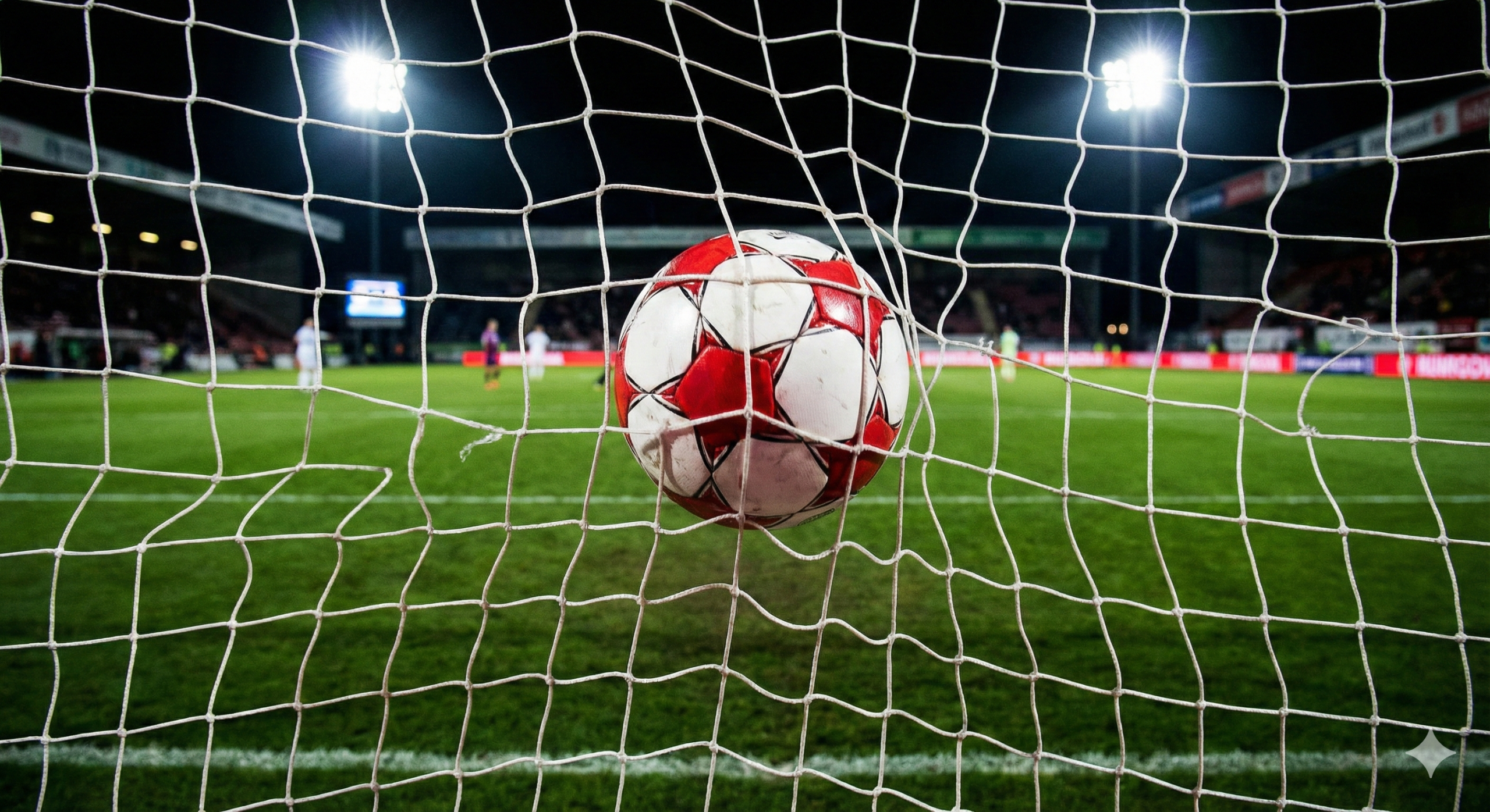 A focused, artistic close-up shot of a soccer ball hitting the back of the net, causing a violent ripple, to visually represent the 'Over 2.5 Goals' betting prediction. The perspective is from behind the goal line looking out onto the pitch. The background is blurred to keep the focus on the scoring moment, with hints of green grass and stadium lights. The lighting is bright and sharp, emphasizing the action and excitement of a goal. This image serves to break up the text near the statistical analysis section.