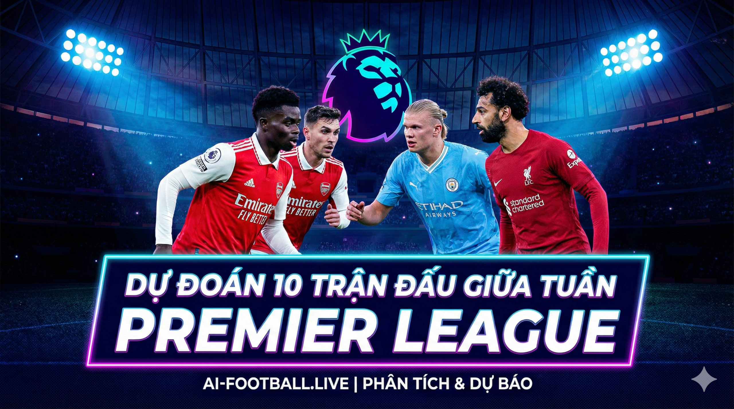 Hình ảnh đồ họa tổng hợp đầy ấn tượng về vòng đấu giữa tuần của Premier League, với phông nền là sân vận động rực sáng dưới ánh đèn pha ban đêm đặc trưng của các trận đấu giữa tuần. Trung tâm bức ảnh là sự đối đầu căng thẳng giữa các cầu thủ ngôi sao đại diện cho các đội bóng lớn như Arsenal, Man City và Liverpool. Màu sắc chủ đạo là tím than và xanh neon đặc trưng của giải Ngoại hạng Anh, tạo cảm giác hiện đại và kịch tính, khơi gợi sự tò mò của độc giả về kết quả các trận đấu.