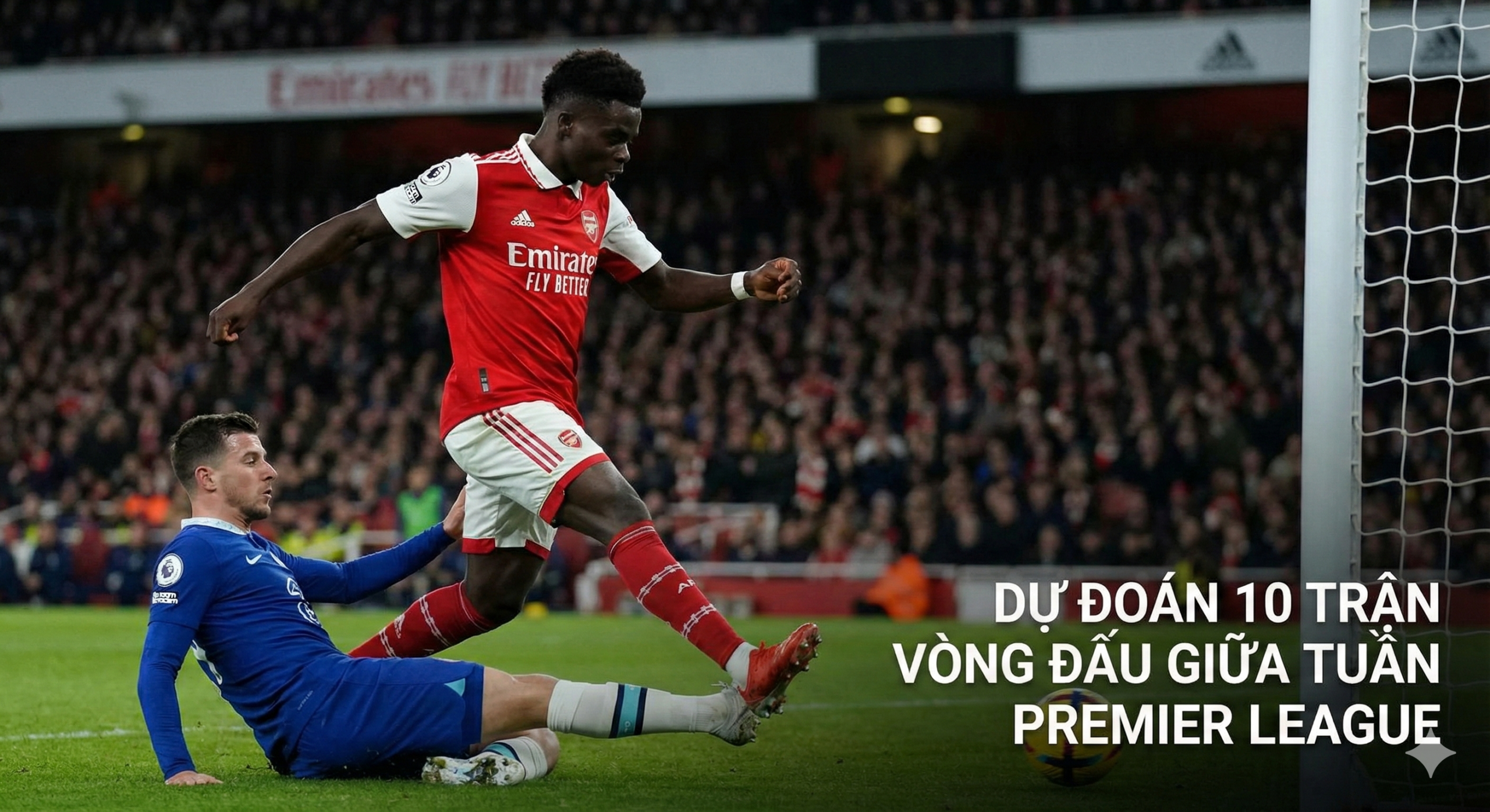 Cận cảnh một pha bóng hành động kịch tính trên sân cỏ, tập trung vào đội đang dẫn đầu bảng xếp hạng là Arsenal. Cầu thủ ngôi sao của Pháo thủ đang thực hiện một pha đi bóng tốc độ hoặc dứt điểm uy lực trước sự truy cản gắt gao của hậu vệ đối phương. Bối cảnh sân cỏ xanh mướt, khán đài phía sau được làm mờ để làm nổi bật chủ thể. Hình ảnh này minh họa cho phần phân tích về cơ hội của các ông lớn và dự đoán tỷ số, đồng thời mang lại không khí sôi động thực tế của giải đấu cho bài viết.