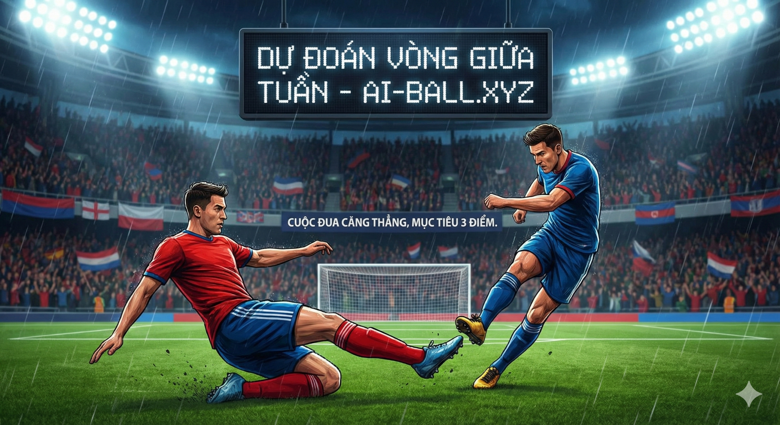 Hình ảnh thiết kế đồ họa chất lượng cao tổng hợp không khí sôi động của vòng đấu giữa tuần tại Premier League. Trung tâm bức ảnh là sự xuất hiện của các ngôi sao bóng đá hàng đầu từ Arsenal, Man City và Liverpool trong tư thế thi đấu quyết liệt. Phía sau là khung cảnh sân vận động rực rỡ ánh đèn pha vào ban đêm, đặc trưng cho các trận đấu 'midweek'. Logo Premier League sáng bóng được đặt tinh tế ở một góc. Màu sắc chủ đạo là tím than và xanh neon, tạo cảm giác hiện đại, kịch tính và chuyên nghiệp, phù hợp với tiêu đề dự đoán tỷ số 10 trận đấu.