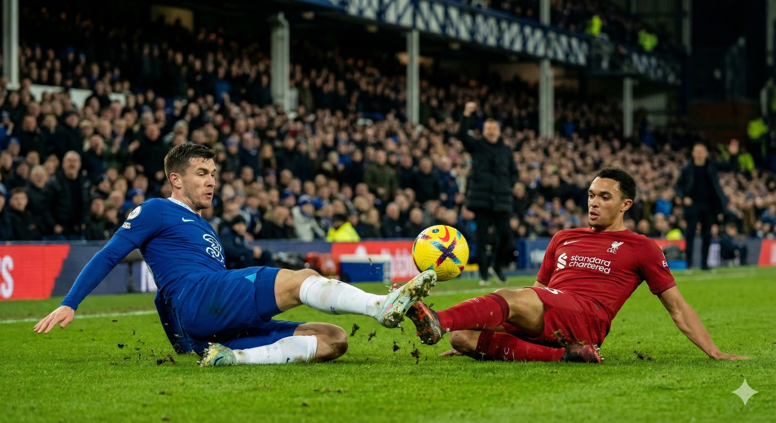 Một pha tranh chấp bóng quyết liệt trên sân cỏ giữa các cầu thủ Premier League, thể hiện tính chất căng thẳng của giai đoạn quan trọng giữa mùa giải. Cận cảnh đôi chân cầu thủ đang lướt trên mặt cỏ xanh mượt cùng trái bóng Ngoại hạng Anh đặc trưng. Hậu cảnh được làm mờ nhẹ (bokeh) để làm nổi bật hành động của cầu thủ, thấp thoáng bóng dáng của khán đài chật kín cổ động viên đang hò reo cuồng nhiệt dưới ánh đèn sân vận động. Hình ảnh này nhằm minh họa cho những màn so tài kịch tính được đề cập ở phần sau bài viết như trận đấu của Liverpool hay Man Utd.