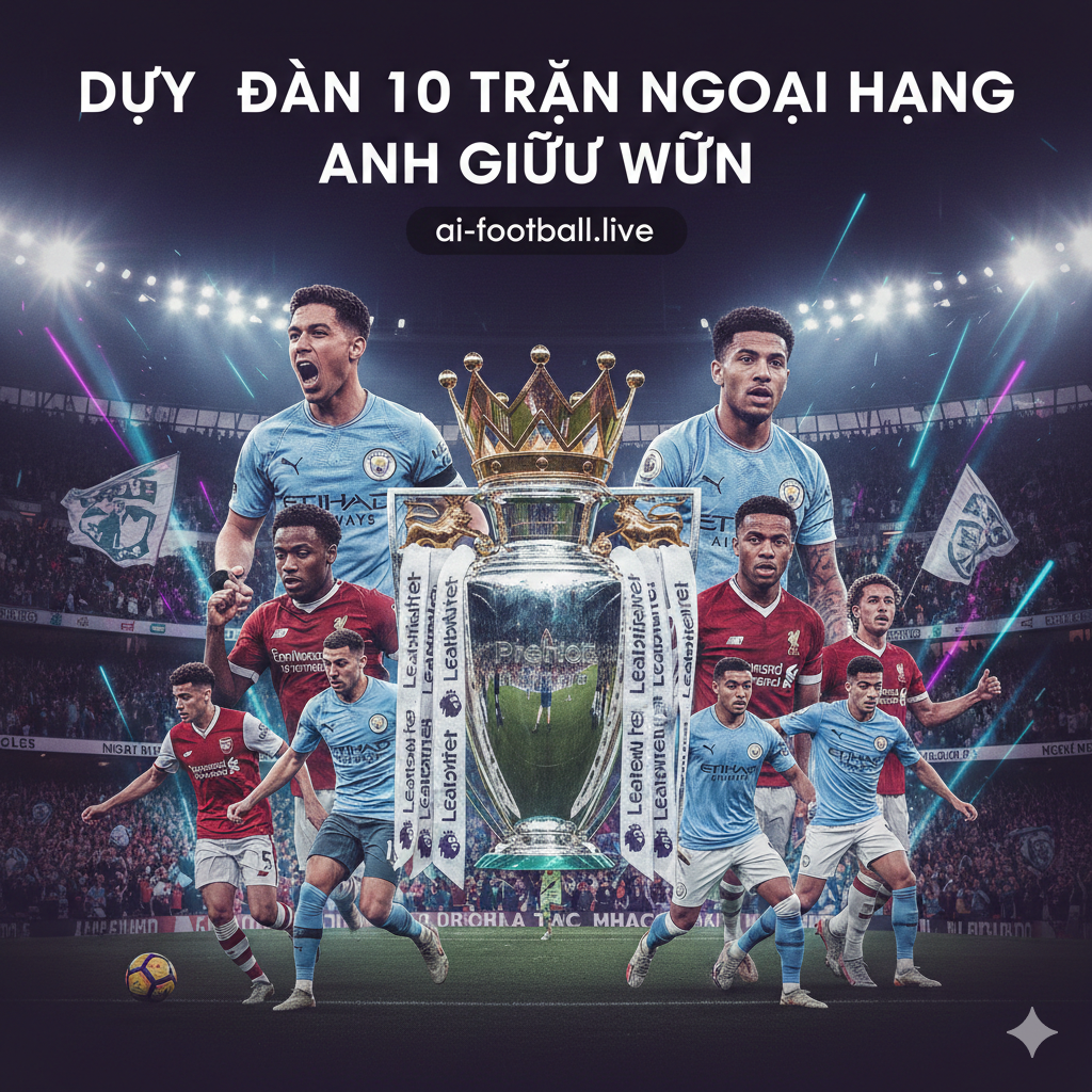 Hình ảnh bìa hoành tráng thể hiện không khí sôi động của vòng đấu giữa tuần Ngoại Hạng Anh (Premier League). Trung tâm là chiếc cúp hoặc logo Premier League sáng bóng dưới ánh đèn pha sân vận động rực rỡ vào ban đêm. Xung quanh là hình ảnh ghép nghệ thuật của các ngôi sao hàng đầu từ Arsenal, Man City và Liverpool đang trong tư thế thi đấu quyết liệt. Khán đài phía sau chật kín cổ động viên với cờ và băng rôn, tạo nên bầu không khí cuồng nhiệt. Màu sắc chủ đạo là tím than, xanh neon và trắng, mang lại cảm giác hiện đại và kịch tính.