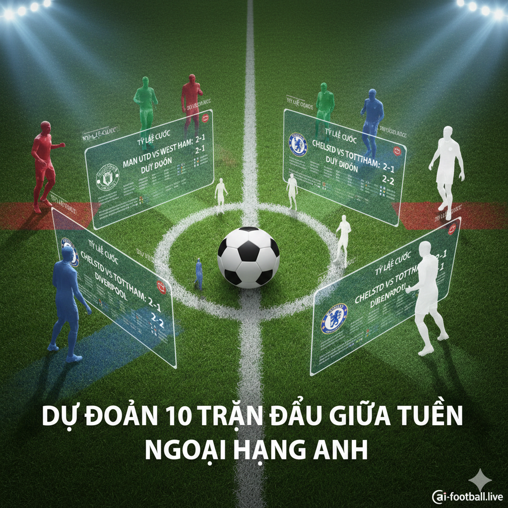 Hình ảnh minh họa mang phong cách phân tích chiến thuật bóng đá hiện đại. Một góc nhìn cận cảnh xuống mặt cỏ xanh mướt với quả bóng nằm ở vạch vôi, xung quanh là các đồ họa kỹ thuật số 3D hiển thị tỷ lệ cược và dự đoán tỷ số. Ánh sáng sân vận động chiếu rọi tạo nên bóng đổ kịch tính, thể hiện sự căng thẳng trước giờ bóng lăn. Hình ảnh có thể bao gồm màu áo đại diện của các cặp đấu lớn như Man Utd đỏ và West Ham đỏ tía hoặc Chelsea xanh, tượng trưng cho các cuộc đối đầu nảy lửa được đề cập trong bài viết.