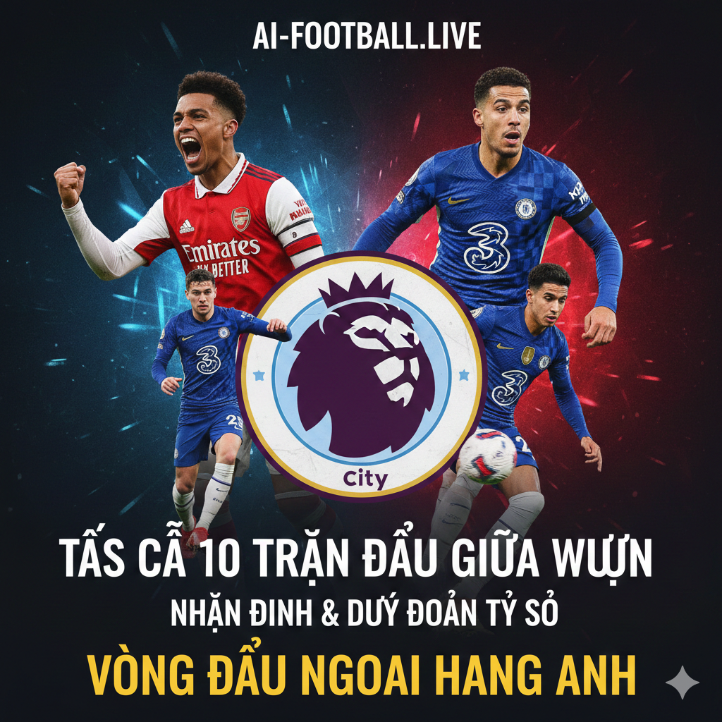 Một hình ảnh tổng hợp (collage) sống động và mạnh mẽ, tập trung vào các cầu thủ ngôi sao hoặc biểu tượng của các câu lạc bộ lớn tham gia vòng đấu giữa tuần Premier League (ví dụ: một cầu thủ Arsenal ăn mừng, một cầu thủ Man City dứt điểm, một cầu thủ Chelsea đang thi đấu). Hình ảnh nên có tông màu xanh/đỏ hoặc tối để thể hiện tính kịch tính của các trận đấu ban đêm giữa tuần. Sử dụng logo Premier League và tiêu đề phụ đề: 'Vòng Đấu Giữa Tuần: Nhận Định & Dự Đoán Tỷ Số' (Tạm dịch từ 'Midweek Round: Predictions & Score Forecasts') để làm nổi bật chủ đề.