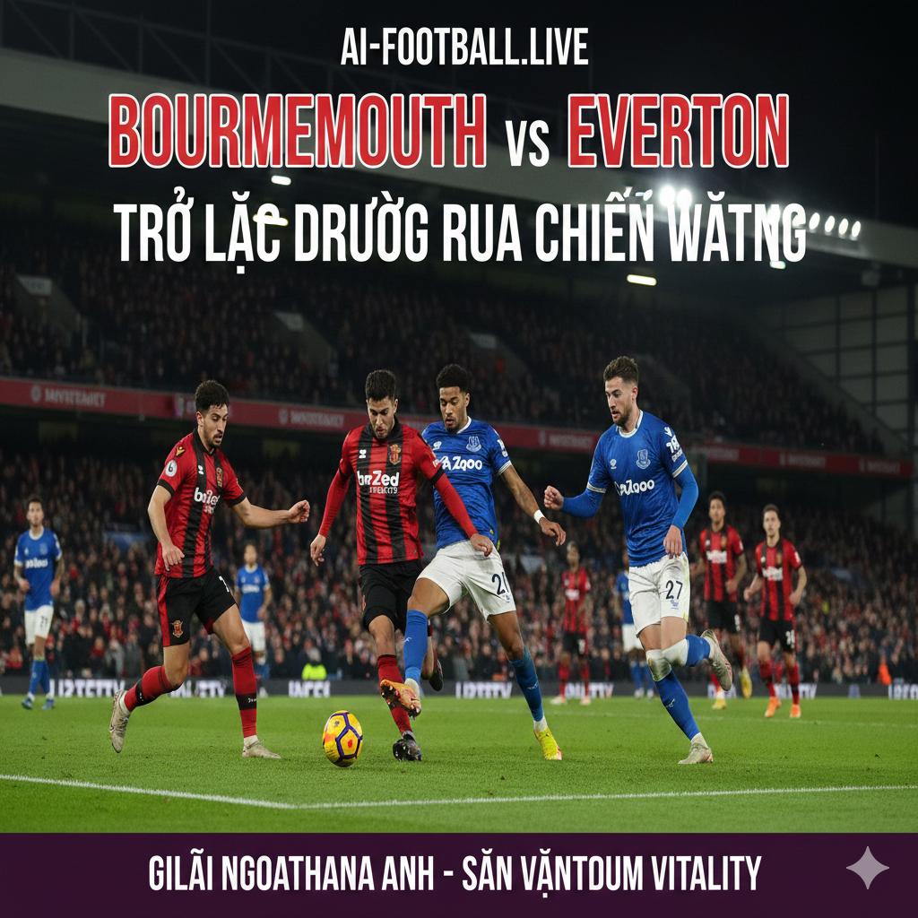 Hình ảnh minh họa sôi động cho trận đấu Ngoại hạng Anh giữa Bournemouth và Everton diễn ra tại sân vận động Vitality. Tiền cảnh là các cầu thủ Bournemouth trong trang phục áo sọc đỏ đen truyền thống đang tranh chấp bóng quyết liệt với các cầu thủ Everton trong màu áo xanh dương đặc trưng. Bối cảnh sân vận động Vitality rực rỡ ánh đèn đêm, chật kín khán giả đang hò reo cổ vũ, tạo nên bầu không khí kịch tính. Hình ảnh toát lên quyết tâm tìm lại chiến thắng của đội chủ nhà 'The Cherries' trước đối thủ 'The Toffees'.