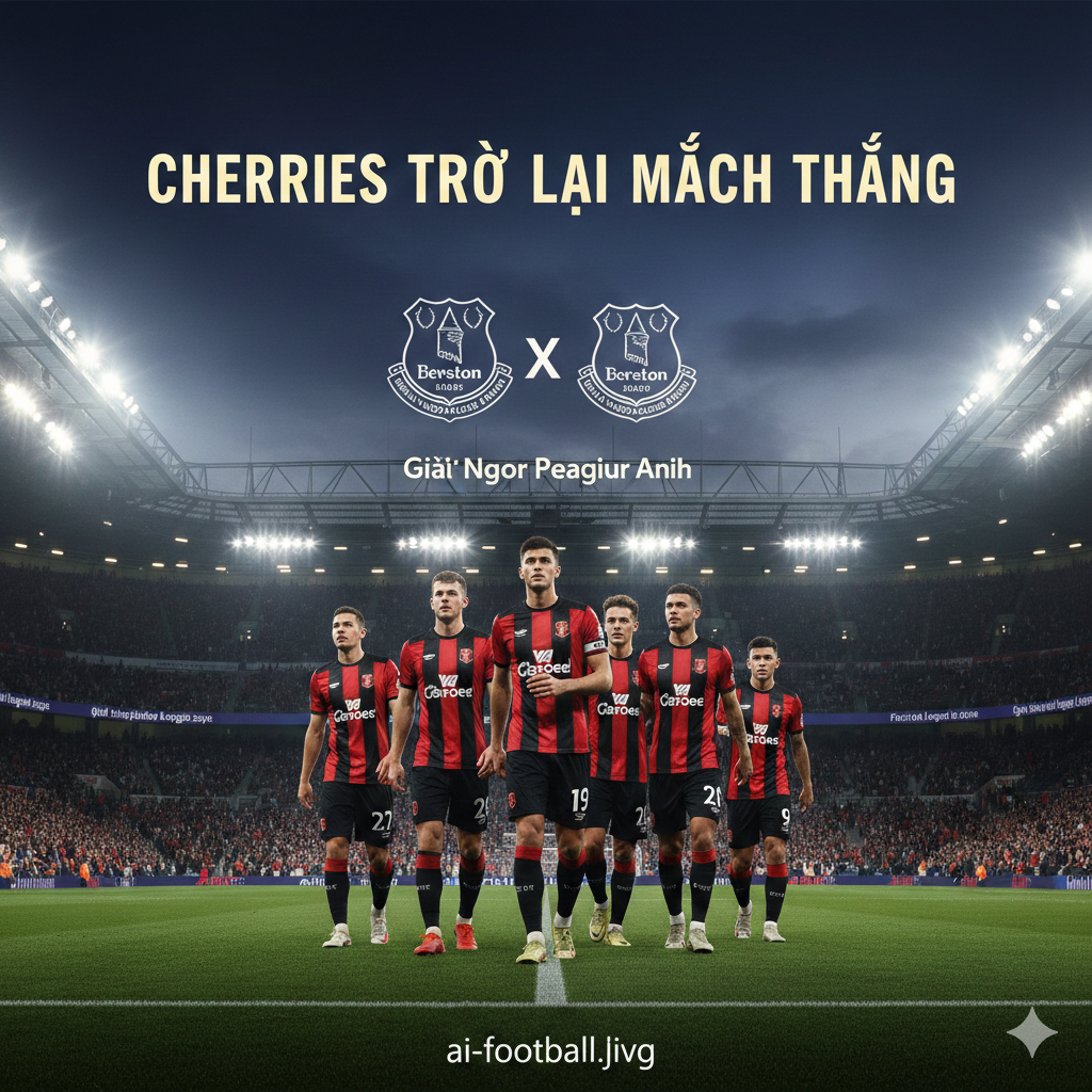Hình ảnh toàn cảnh sân vận động Vitality Stadium rực rỡ dưới ánh đèn sân khấu vào buổi tối. Ở vị trí trung tâm là hình ảnh các cầu thủ Bournemouth (The Cherries) trong trang phục sọc đỏ đen truyền thống đang thể hiện tinh thần quyết tâm cao độ. Phông nền có logo của hai đội bóng Bournemouth và Everton cùng dòng chữ 'Premier League' nổi bật, tạo cảm giác về một trận cầu kịch tính và đầy cảm xúc tại giải ngoại hạng Anh.