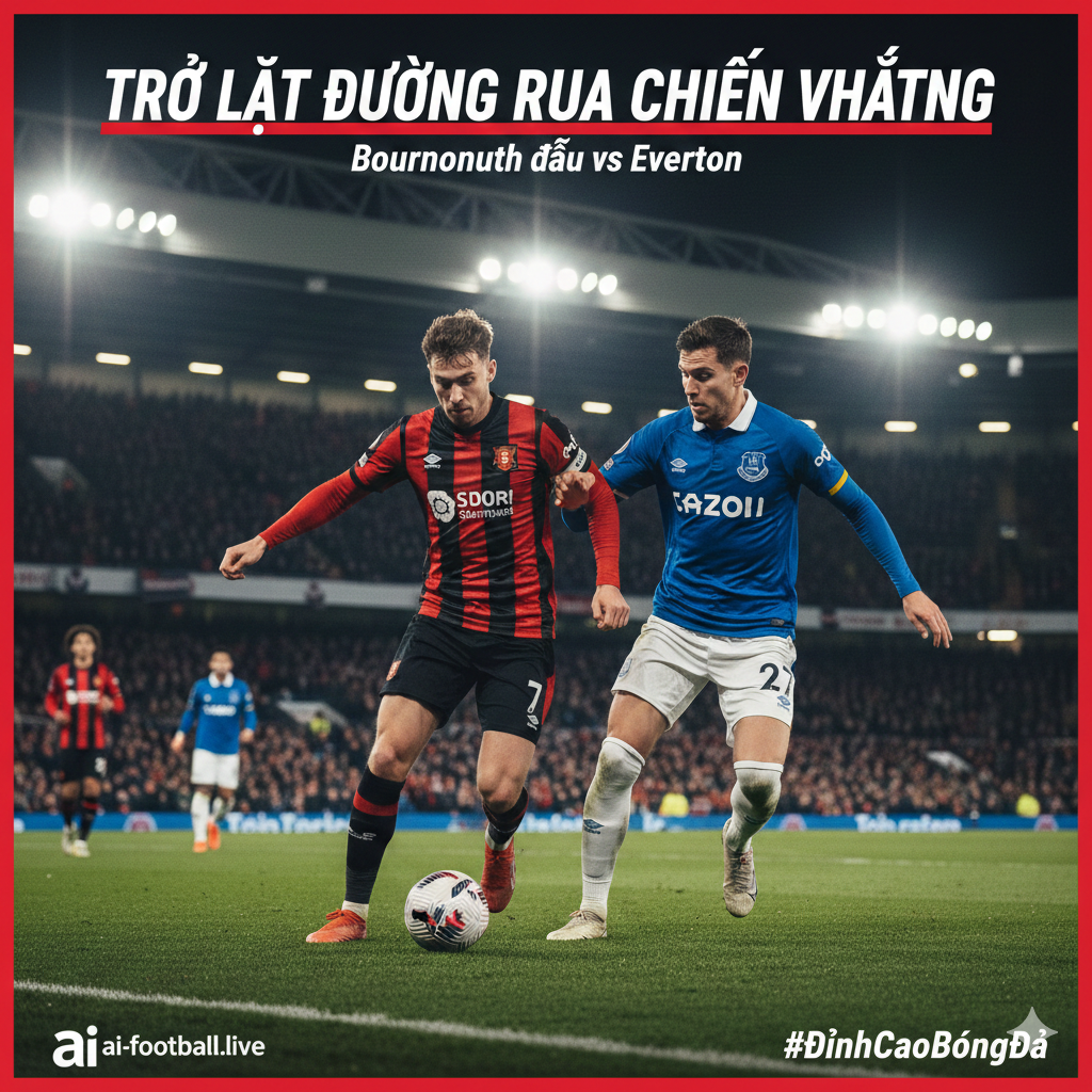 A high-energy cinematic wide shot of Vitality Stadium at night under bright floodlights. In the foreground, two soccer players representing Bournemouth (in red and black striped kits) and Everton (in classic blue kits) are shown in a dynamic mid-action pose, competing for a ball. The atmosphere is intense with a slight motion blur to signify speed. The background shows a crowded stadium with blurred fans and professional sports photography aesthetics, featuring vibrant colors and sharp focus on the players.