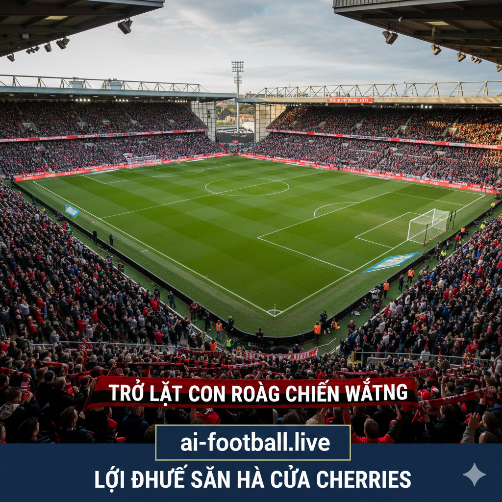 An aerial or wide-angle view of the Vitality Stadium during a match day, captured in a professional sports journalism style. The composition focuses on the lush green pitch and the architectural details of the stands filled with Bournemouth supporters waving red and black scarves. The lighting is natural late afternoon sun casting long shadows, creating a dramatic and heroic feeling that emphasizes the 'home fortress' advantage mentioned in the text.