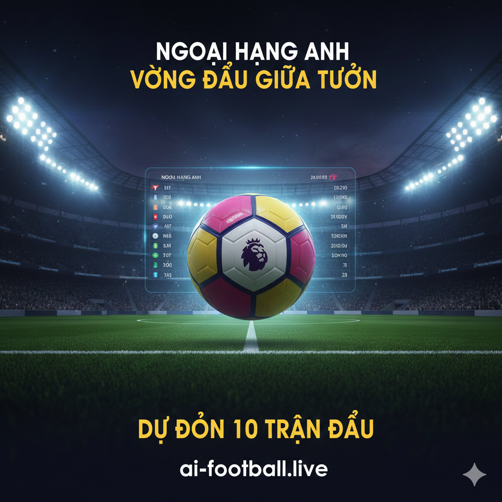 Một hình ảnh mang tính biểu tượng cho vòng đấu giữa tuần Ngoại hạng Anh, hiển thị một sân vận động hiện đại rực rỡ dưới ánh đèn đêm. Ở trung tâm là một quả bóng đá chuyên nghiệp của Premier League với logo sư tử đặc trưng. Bối cảnh xung quanh là đồ họa bảng xếp hạng kỹ thuật số mờ ảo, kết hợp với màu sắc chủ đạo là xanh dương đậm và tím của giải đấu. Bố cục rộng, góc nhìn từ dưới lên tạo cảm giác hoành tráng và kịch tính cho các trận đấu sắp tới.