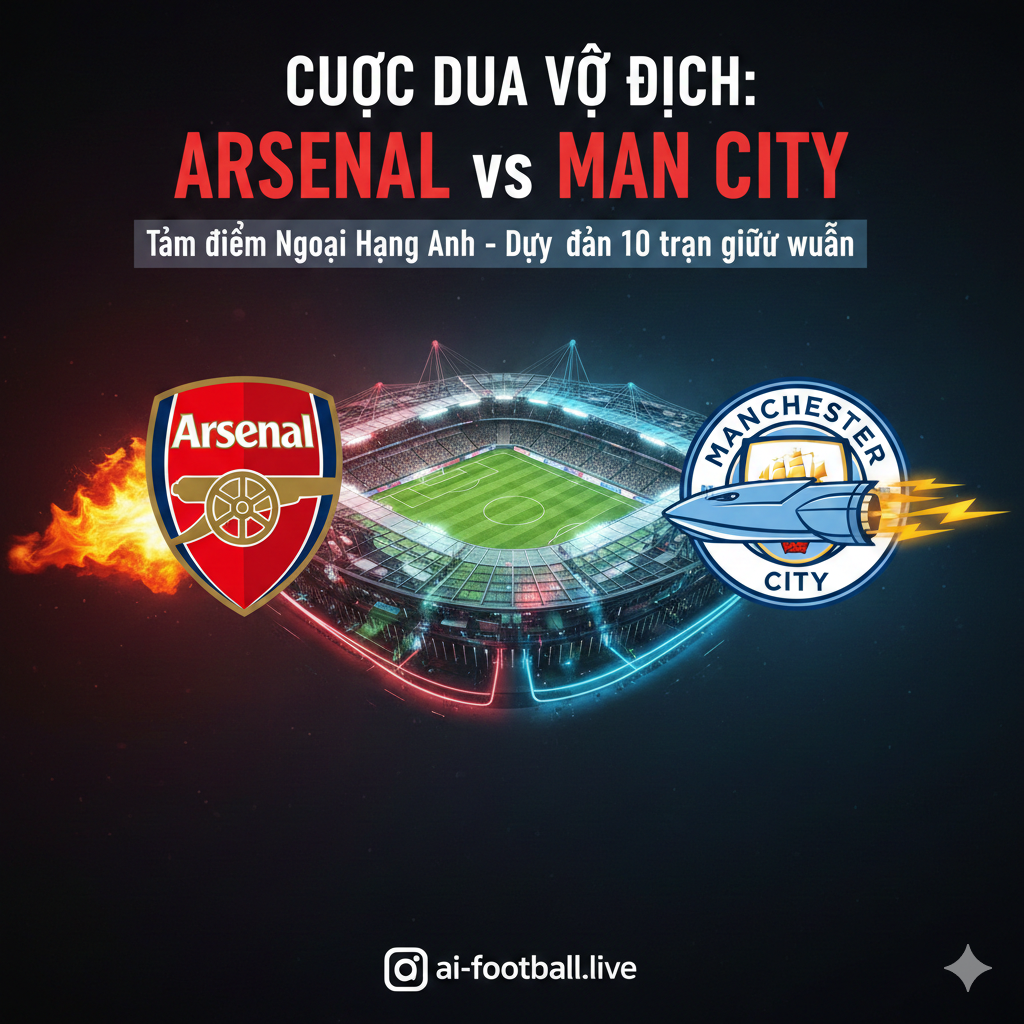 Hình ảnh so sánh sự kịch tính giữa hai đội bóng dẫn đầu là Arsenal và Manchester City. Một bên là biểu tượng pháo thủ màu đỏ rực rỡ, bên kia là biểu tượng con tàu màu xanh bầu trời. Ở giữa là hình ảnh sân Emirates và Etihad được lồng ghép nghệ thuật với hiệu ứng ánh sáng neon mạnh mẽ. Hình ảnh tập trung vào sự đối lập giữa sức mạnh tấn công của Man City và vị thế dẫn đầu của Arsenal, tạo sự thu hút cho người đọc về cuộc đua vô địch.
