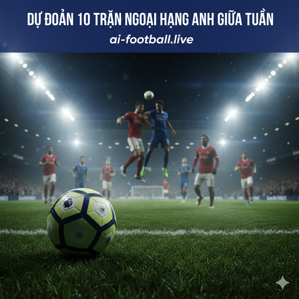 A high-energy cinematic wide shot of a modern Premier League stadium under bright floodlights at night. In the foreground, a professional football with the official league design sits on the lush green grass. In the background, blurred silhouettes of players in red and blue kits are seen competing. The atmosphere is intense with a slight mist and lens flares from the stadium lights. The color palette features vibrant greens, deep blues, and glowing whites to capture the excitement of a midweek matchday.