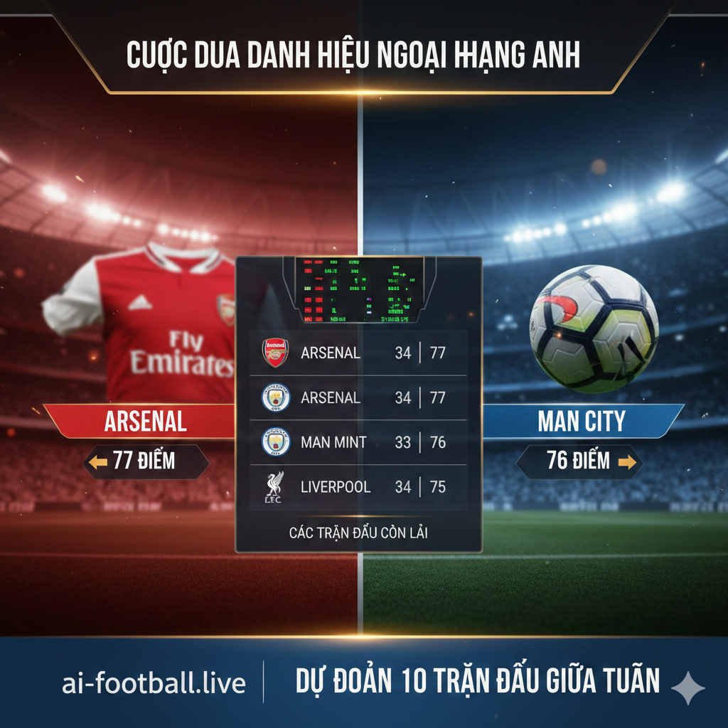A conceptual split-screen or montage graphic representing the title race. On one side, elements of Arsenal like a blurred red jersey and the Emirates Stadium silhouette; on the other, Manchester City's sky blue colors and a spinning football. In the center, a digital leaderboard showing top club logos. The style is professional sports broadcast graphics with sharp lines, metallic textures, and dynamic lighting to emphasize the 'fierce race' mentioned in the article.
