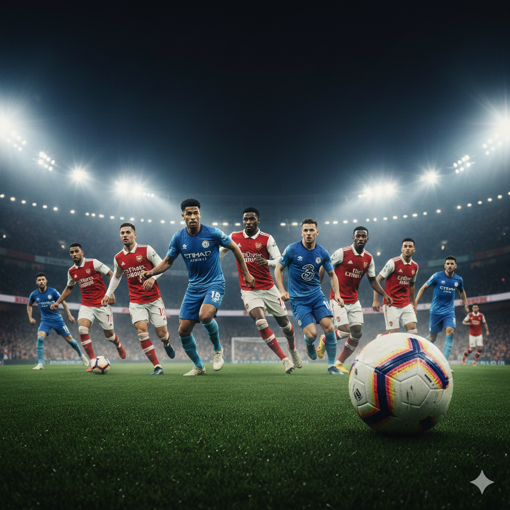 A dynamic and high-energy cinematic wide shot showcasing the intensity of English Premier League midweek football. The composition features a collage of blurred players in iconic red, blue, and white kits, symbolizing teams like Arsenal, Man City, and Chelsea, competing under bright stadium floodlights at night. In the foreground, a professional football with the official league design is partially visible on the lush green grass. The atmosphere is filled with a slight evening mist and lens flares from the lights, using a color palette of deep navy blue, vibrant emerald green, and gold accents to evoke a premium sports broadcasting feel.