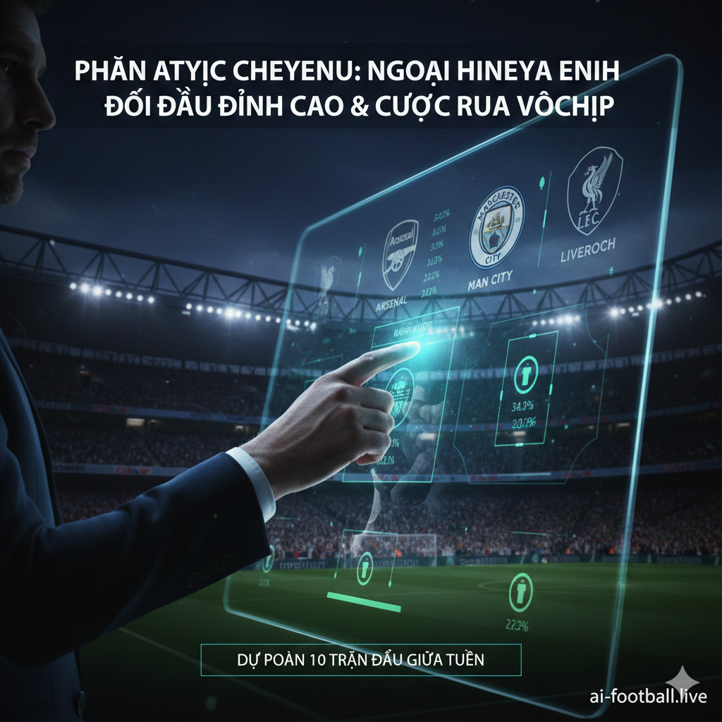 A conceptual and professional sports graphic style image representing the battle for the top spots. The image shows a close-up of a digital scoreboard or a tactical glass board with blurred logos of Arsenal, Manchester City, and Liverpool. A coach's hand is seen pointing at tactical diagrams and player icons on the glowing screen. The lighting is modern and high-tech, with cool blue and neon cyan tones, emphasizing data analysis and match predictions. The background shows a blurred, packed stadium under a dark night sky, creating a focused and analytical visual for the detailed match previews.