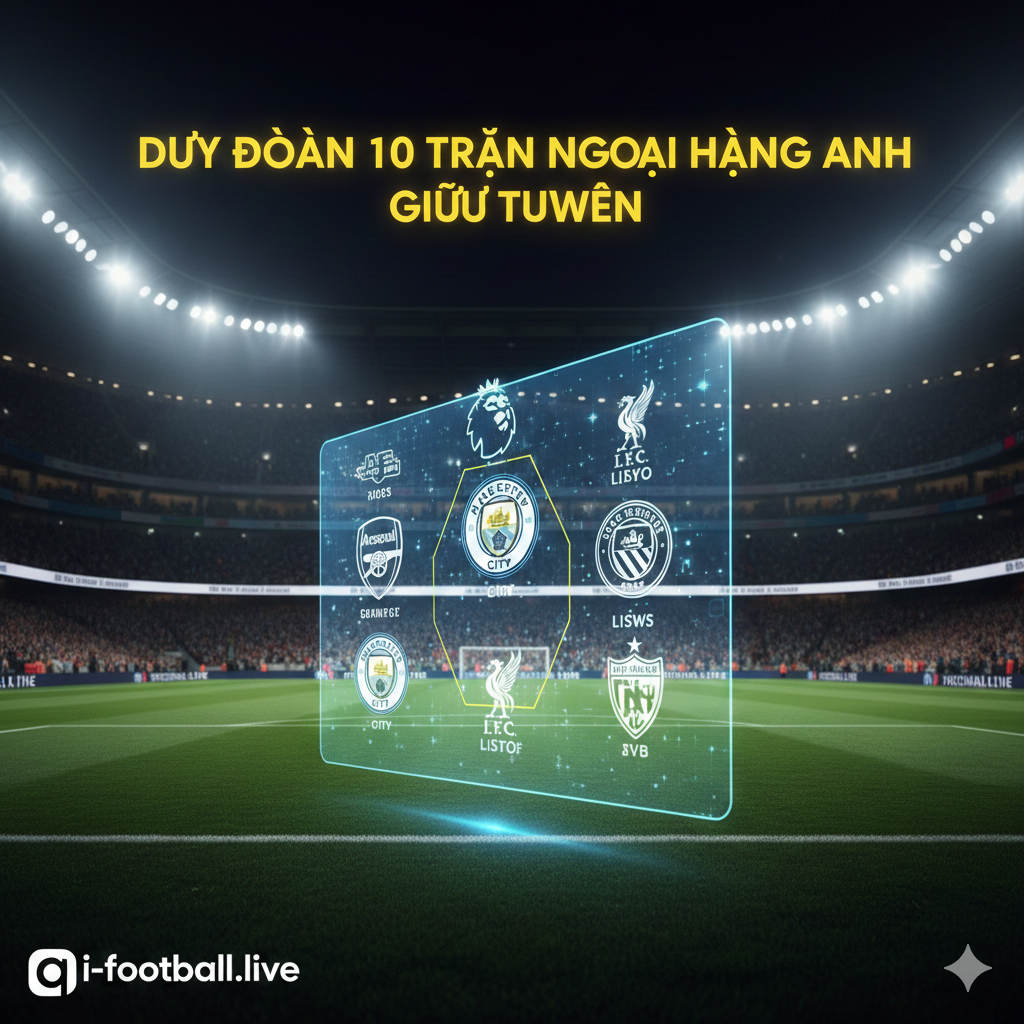 A high-action cinematic wide shot showcasing the intensity of the Premier League. In the center, a digital tactical board or a glowing hologram displays the logos of major clubs like Arsenal, Man City, and Liverpool. In the background, a blurred, packed modern football stadium under bright floodlights at night creates an electric atmosphere. The color palette features deep blues, vibrant greens of the pitch, and gold accents to symbolize the prestige of the league. Professional sports photography style with a shallow depth of field and sharp focus on the central tactical elements.