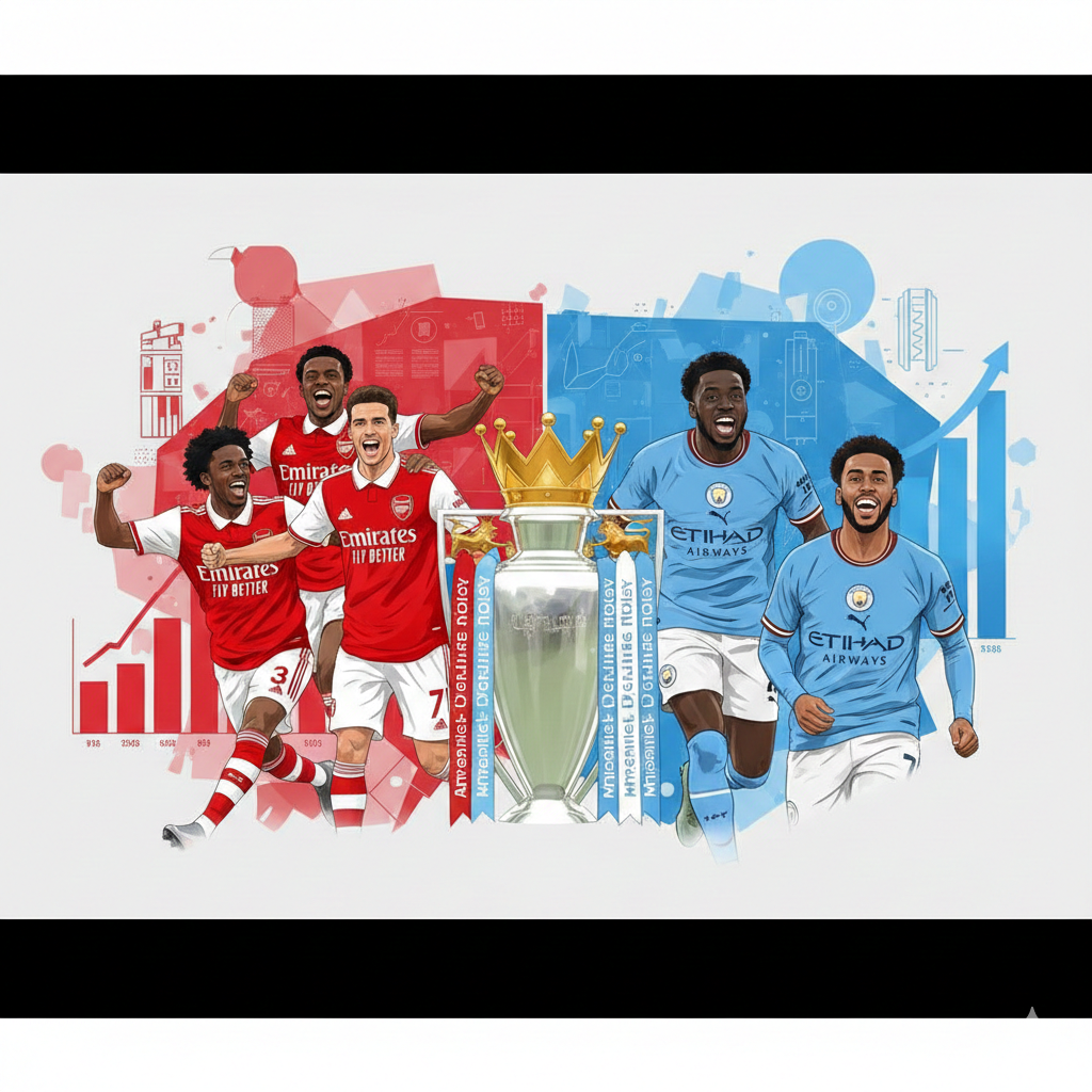 A split-screen style visual representing the fierce competition at the top of the table. On one side, a stylized illustration of Arsenal players celebrating in their iconic red and white kits, and on the other, Manchester City players in sky blue. Between them, a glowing Premier League trophy stands prominently. The background incorporates abstract geometric patterns and data visualization elements like rising bar charts and scoreline indicators. High-contrast lighting, saturated colors, and a dynamic composition that conveys the high stakes of the midweek fixtures for the title contenders.