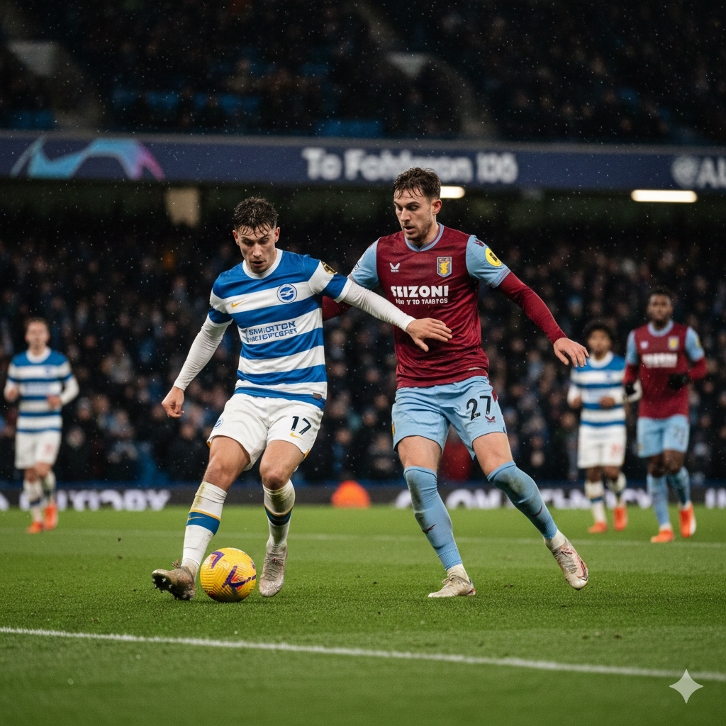 A focused action shot depicting a stylized tactical battle between Brighton and Aston Villa players. The composition uses a low-angle perspective to emphasize the drama of the 'Top 4' race. The lighting is dramatic, highlighting the textures of the team jerseys (blue/white stripes vs claret/blue) under the rain or night mist. In the background, a blurred crowd and the glowing perimeter boards of a modern stadium create an immersive atmosphere. The style is professional sports photography with high contrast, sharp details on the players, and a shallow depth of field.