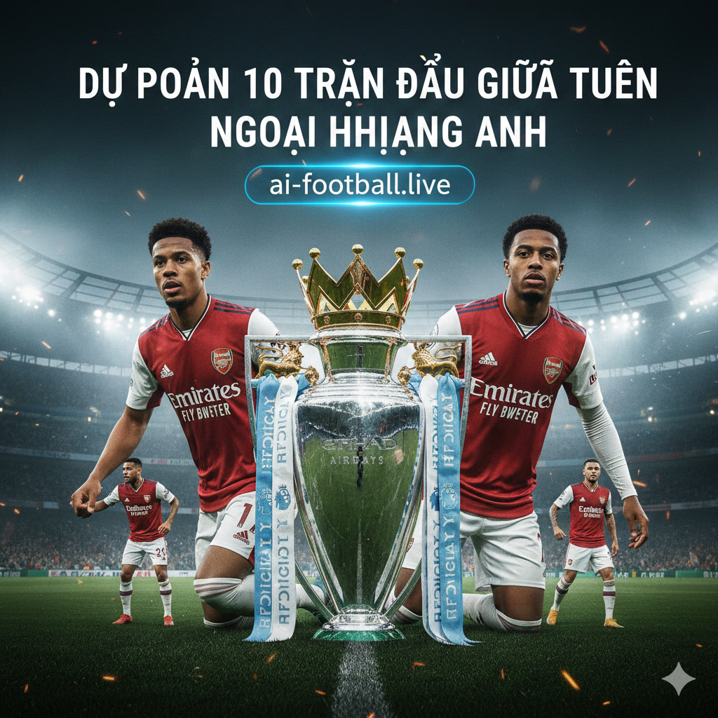 A high-energy cinematic cover image featuring the iconic Premier League trophy in the center, flanked by stylized action shots of star players from Arsenal and Manchester City in their home kits. The background shows a blurry, illuminated stadium under night lights with a misty atmosphere. The color palette is dominated by electric blue and deep red, representing the title rivals, with golden sparks and light trails to add a sense of high-stakes competition. Professional sports photography style with sharp focus on the trophy and dramatic lighting.