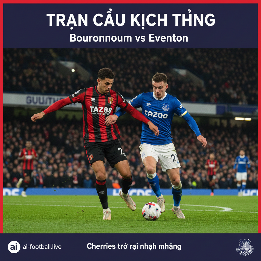 Một hình ảnh kịch tính mô phỏng trận đấu giữa Bournemouth và Everton tại sân vận động Vitality. Trung tâm là hai cầu thủ trong trang phục sọc đỏ đen của Bournemouth và xanh dương của Everton đang tranh chấp bóng quyết liệt. Phông nền là khán đài sôi động với ánh đèn sân vận động rực rỡ vào buổi tối. Phong cách ảnh chụp thể thao chuyên nghiệp, độ tương phản cao, màu sắc rực rỡ và sắc nét, tiêu cự tập trung vào hành động của các cầu thủ, tạo cảm giác mạnh mẽ và đầy quyết tâm.